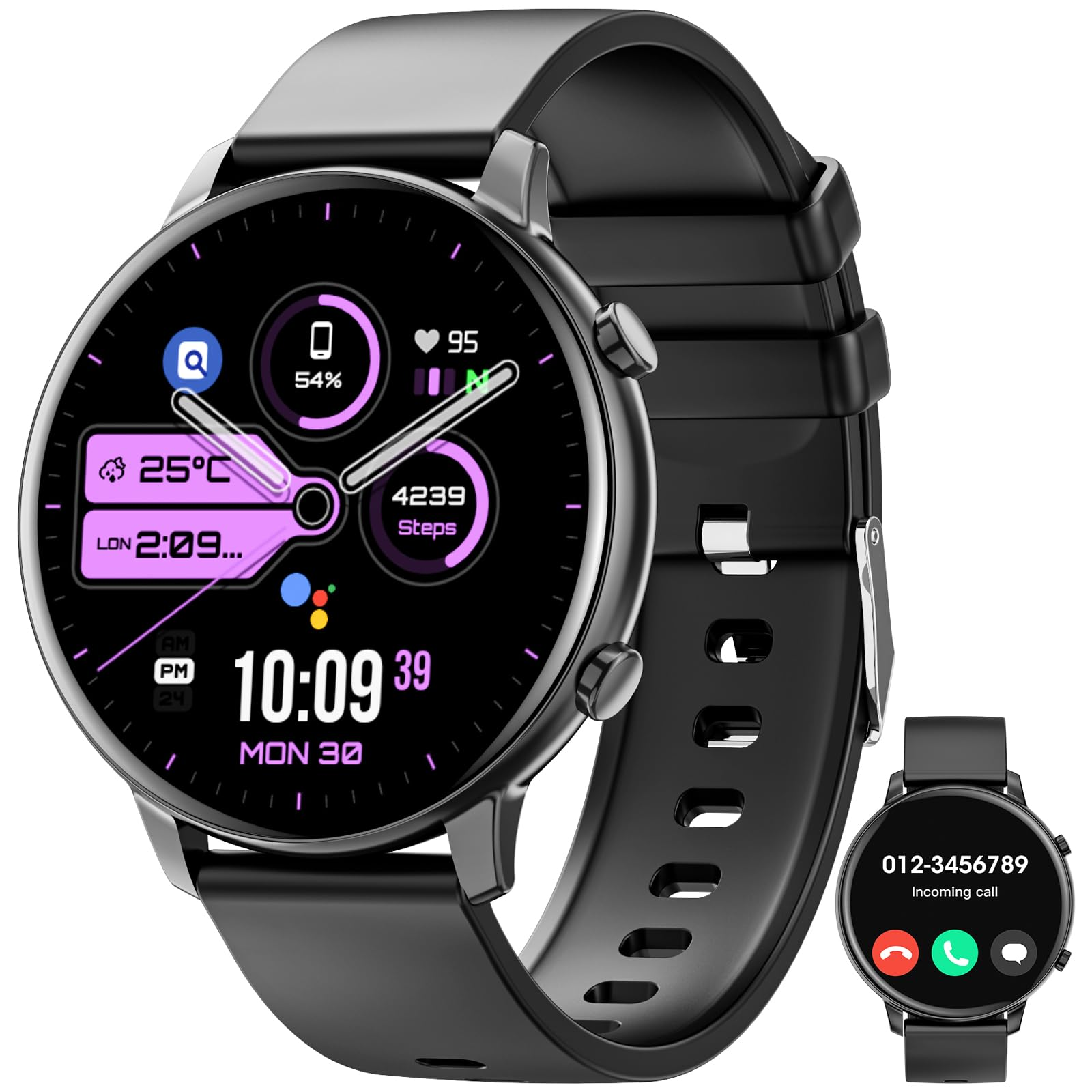 Eine schwarze Smartwatch, die Informationen anzeigt, und eine weitere, kleinere Uhr, die einen eingehenden Anruf anzeigt.