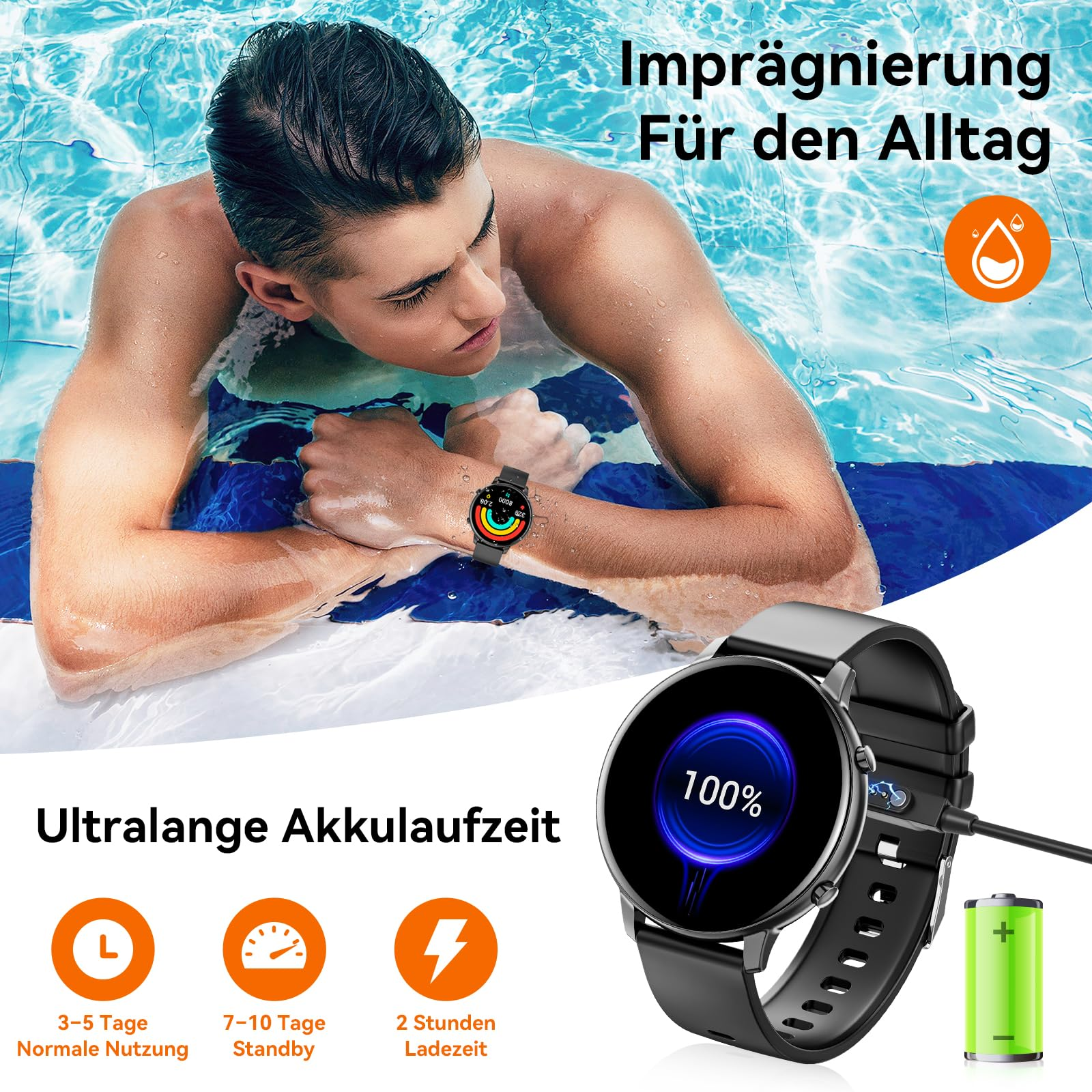 Mann im Pool mit Smartwatch am Handgelenk, Ladung, Akkusymbol und Text über Akkulaufzeit.