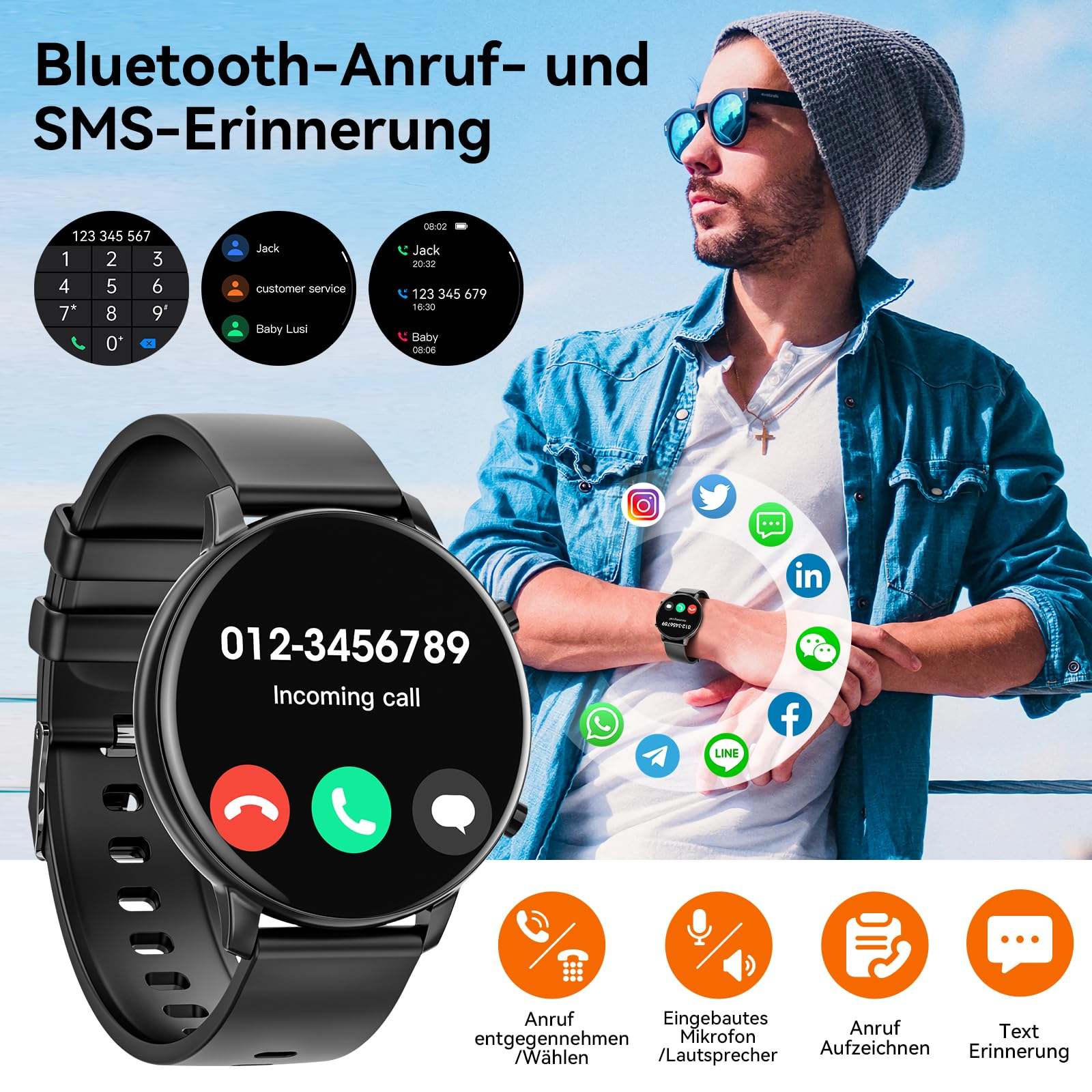 Eine Smartwatch mit Anrufbenachrichtigungen und Symbolen auf dem Bildschirm, gehalten von einem Mann.