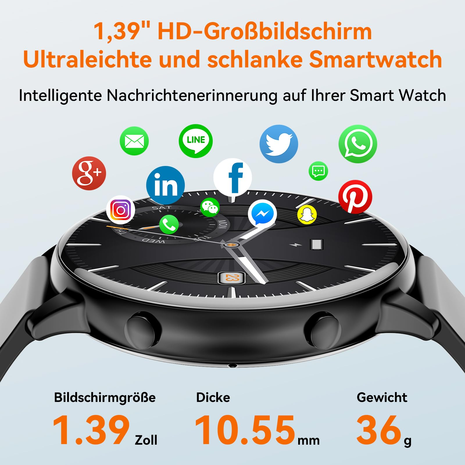 Smartwatch mit Symbolen sozialer Apps. Texte zeigen Bildschirmgröße, Dicke und Gewicht an.