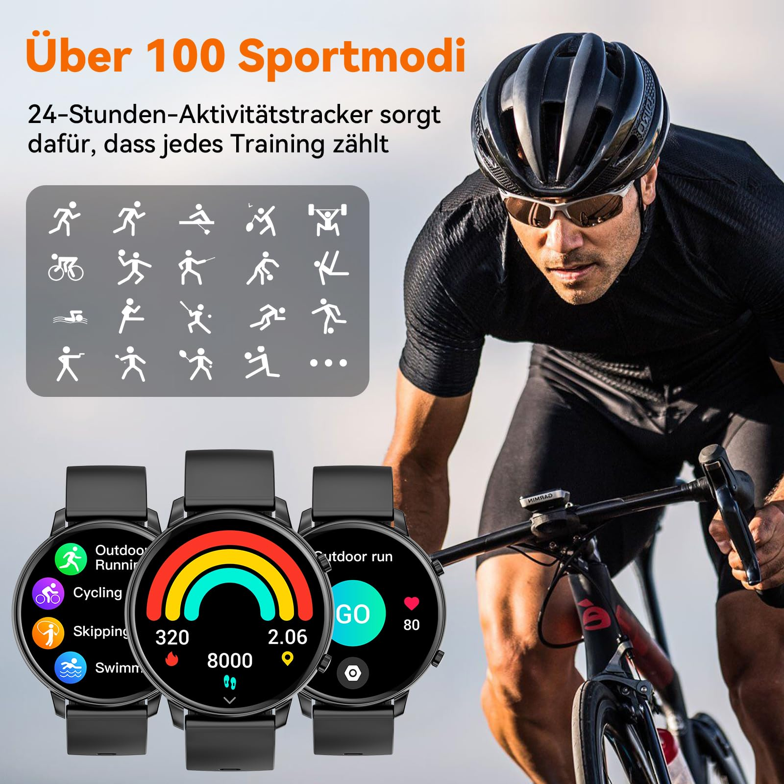 Drei Smartwatches mit verschiedenen Sportmodi. Ein Mann auf dem Fahrrad im Hintergrund.