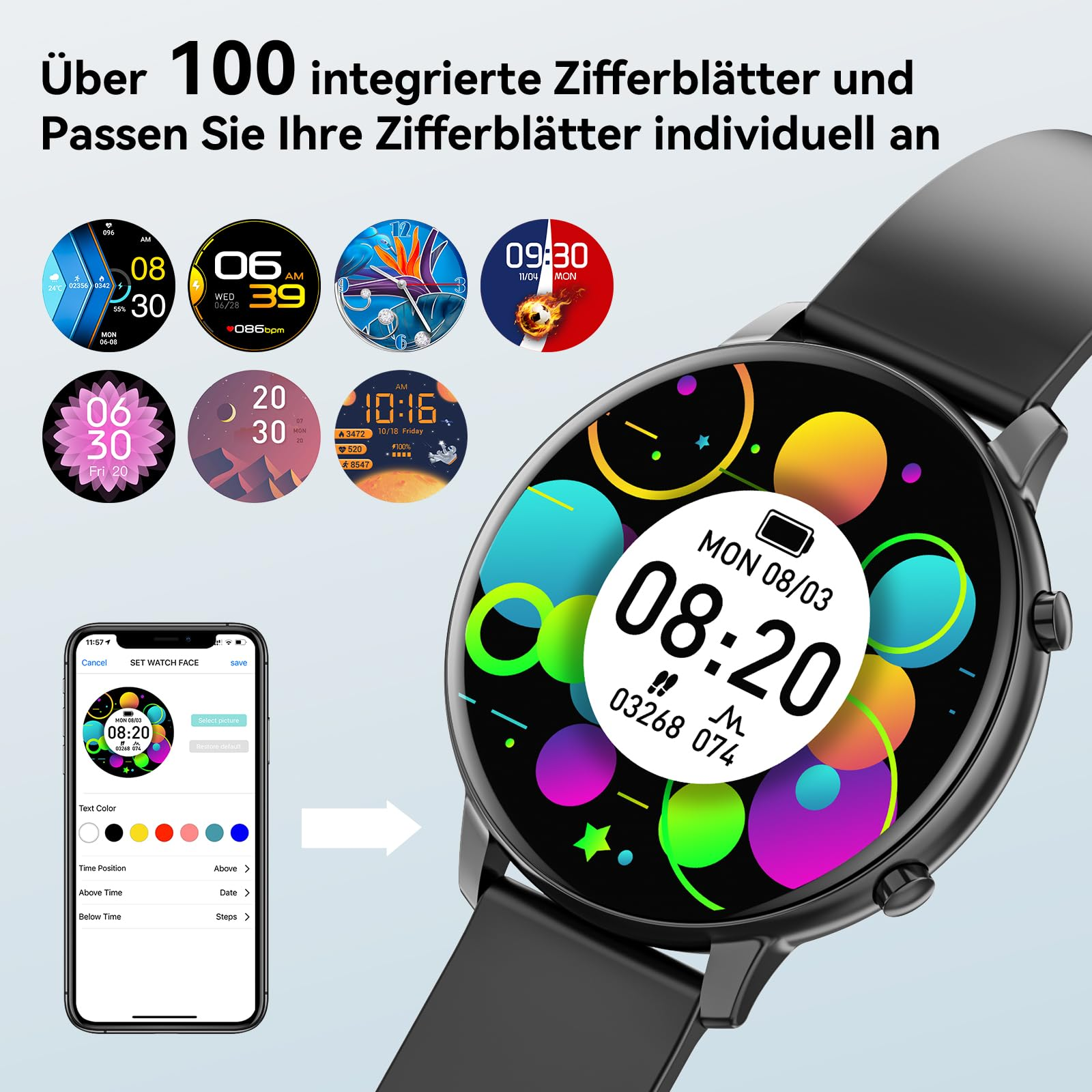 Smartwatch mit mehreren Zifferblättern. Ein Telefon zeigt ein Anpassungsmenü. Die Uhr zeigt die Uhrzeit an.