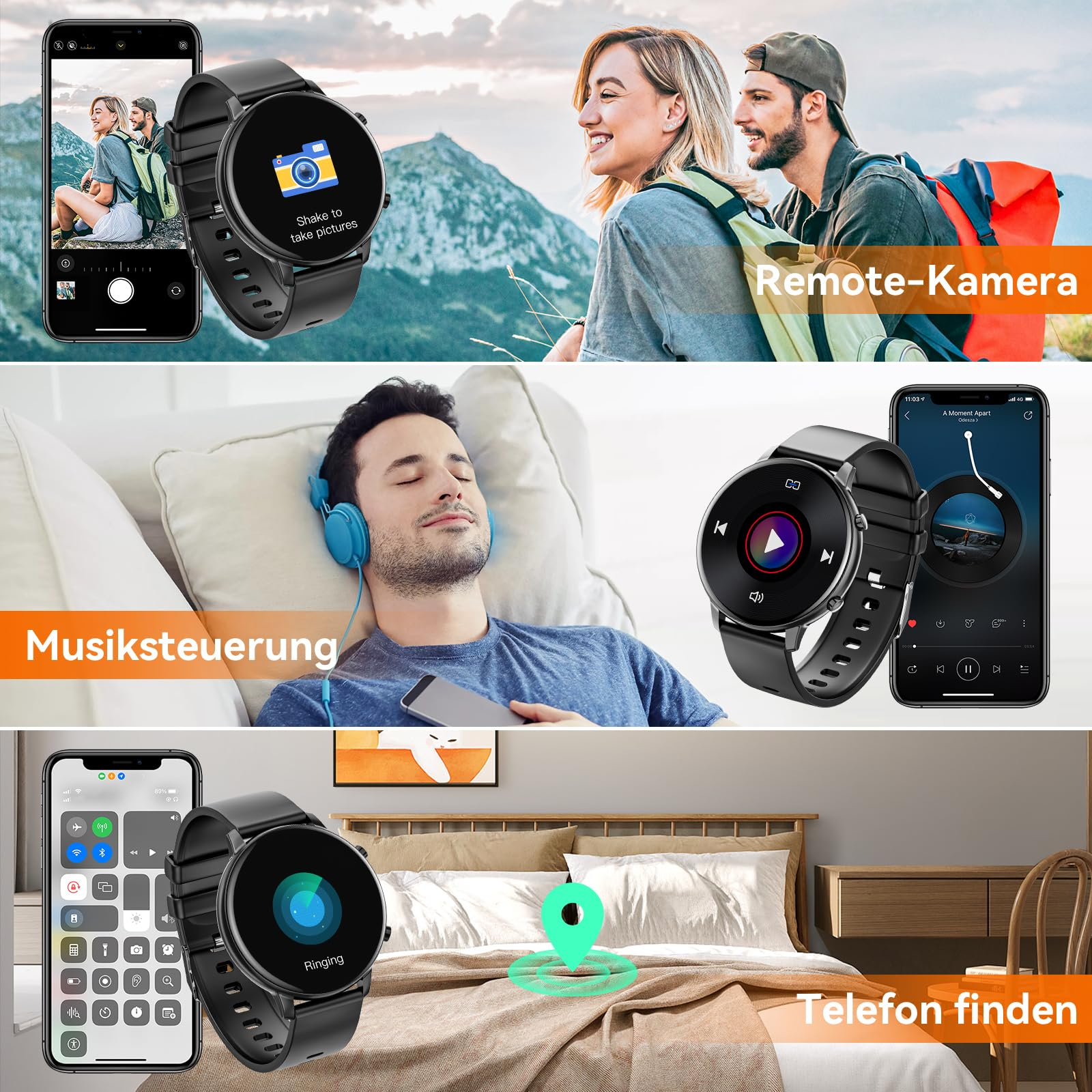 Smartwatch mit Fotos, Musiksteuerung und Karte auf verschiedenen Hintergründen.