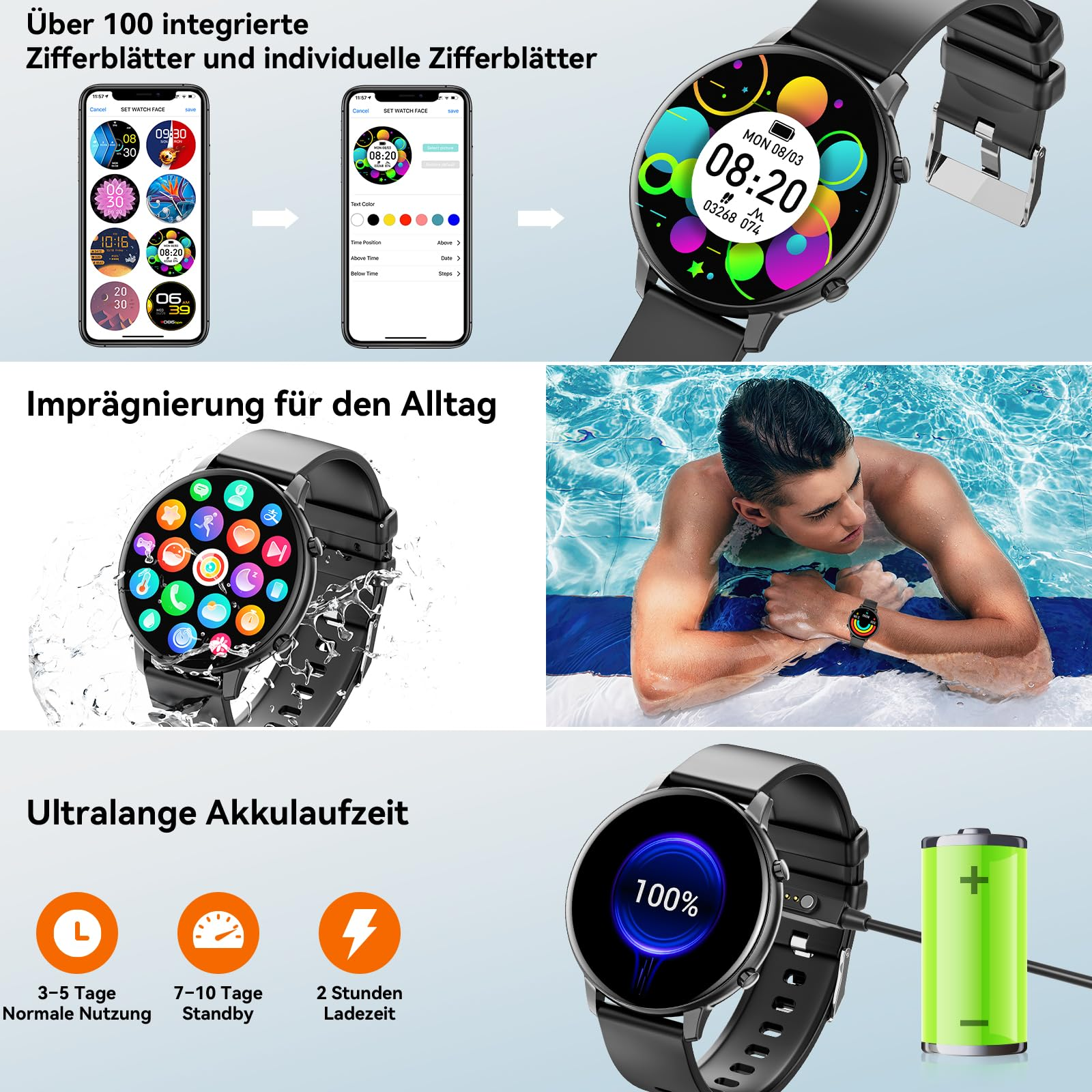 Smartwatch mit schwarzem Armband und farbenfroher Oberfläche. Zeigt Zeit und Akkuladung. Mehrere Lifestyle-Bilder.