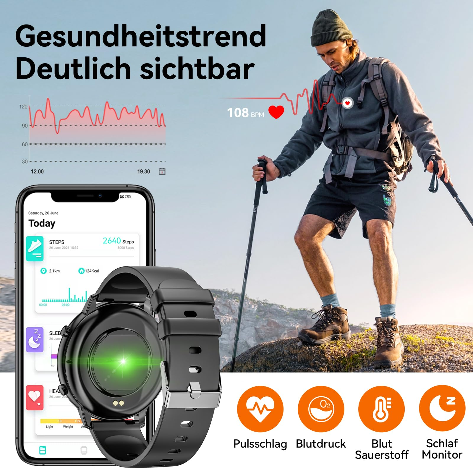 Mann wandert mit Smartwatch, die Gesundheitsdaten anzeigt. Herzfrequenz, Schritte und Blutdruck werden angezeigt.