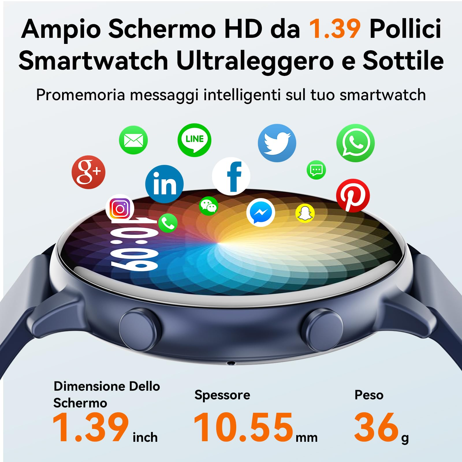 Smartwatch mit Social-Media-Symbolen und Uhrzeit, Text zu Größe und Gewicht.