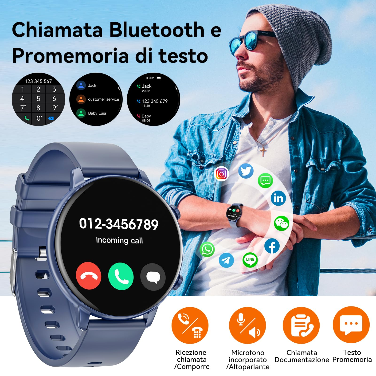 Ein Mann mit einer Smartwatch, die einen eingehenden Anruf und Symbole anzeigt. Die Uhr ist blau.