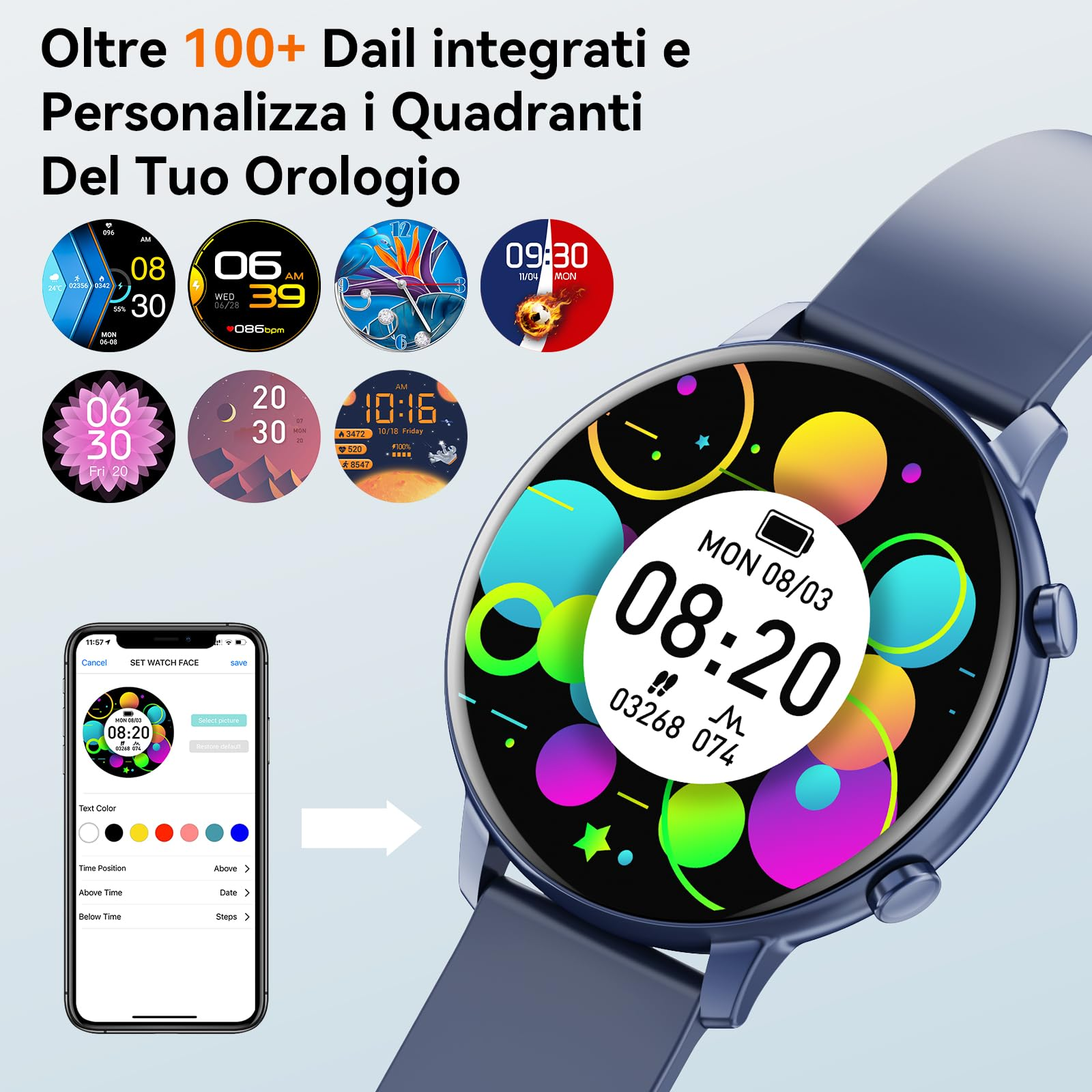 Eine Smartwatch mit verschiedenen Zifferblättern und ein Telefon mit Optionen zur Anpassung des Zifferblatts.