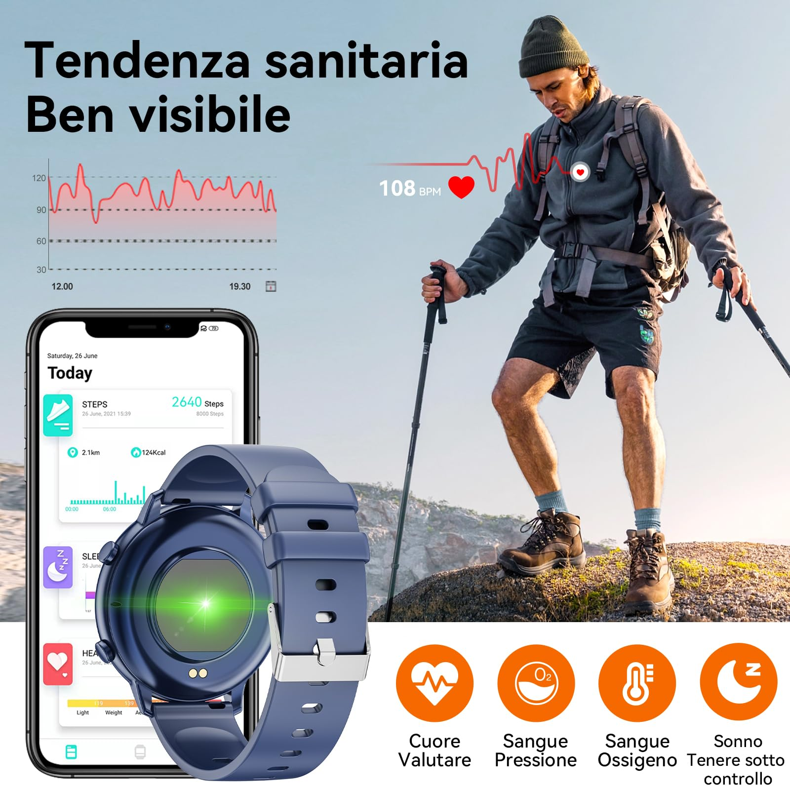 Mann wandert mit Smartwatch, die Gesundheitsmetriken und Gesundheitsdetails zeigt.