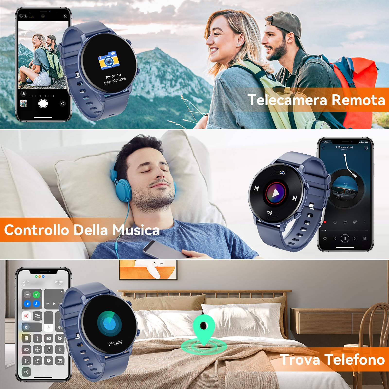 Mehrere Bilder, die eine Smartwatch mit verschiedenen Funktionen wie Kamera, Musiksteuerung und Telefonortung zeigen.