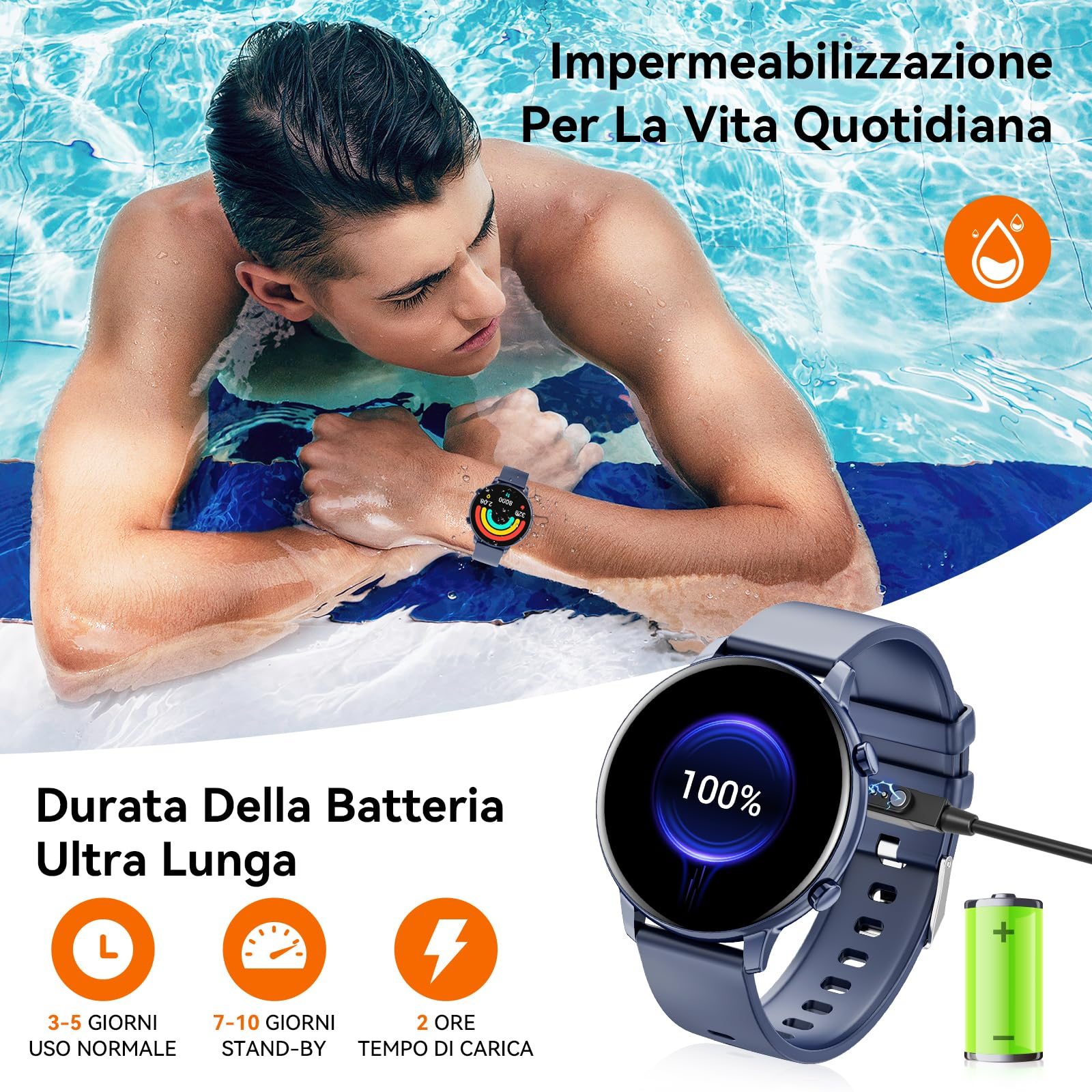 Mann im Pool mit Smartwatch. Uhrenbildschirm zeigt Akkuladestand, Symbole für Nutzungsdauer.