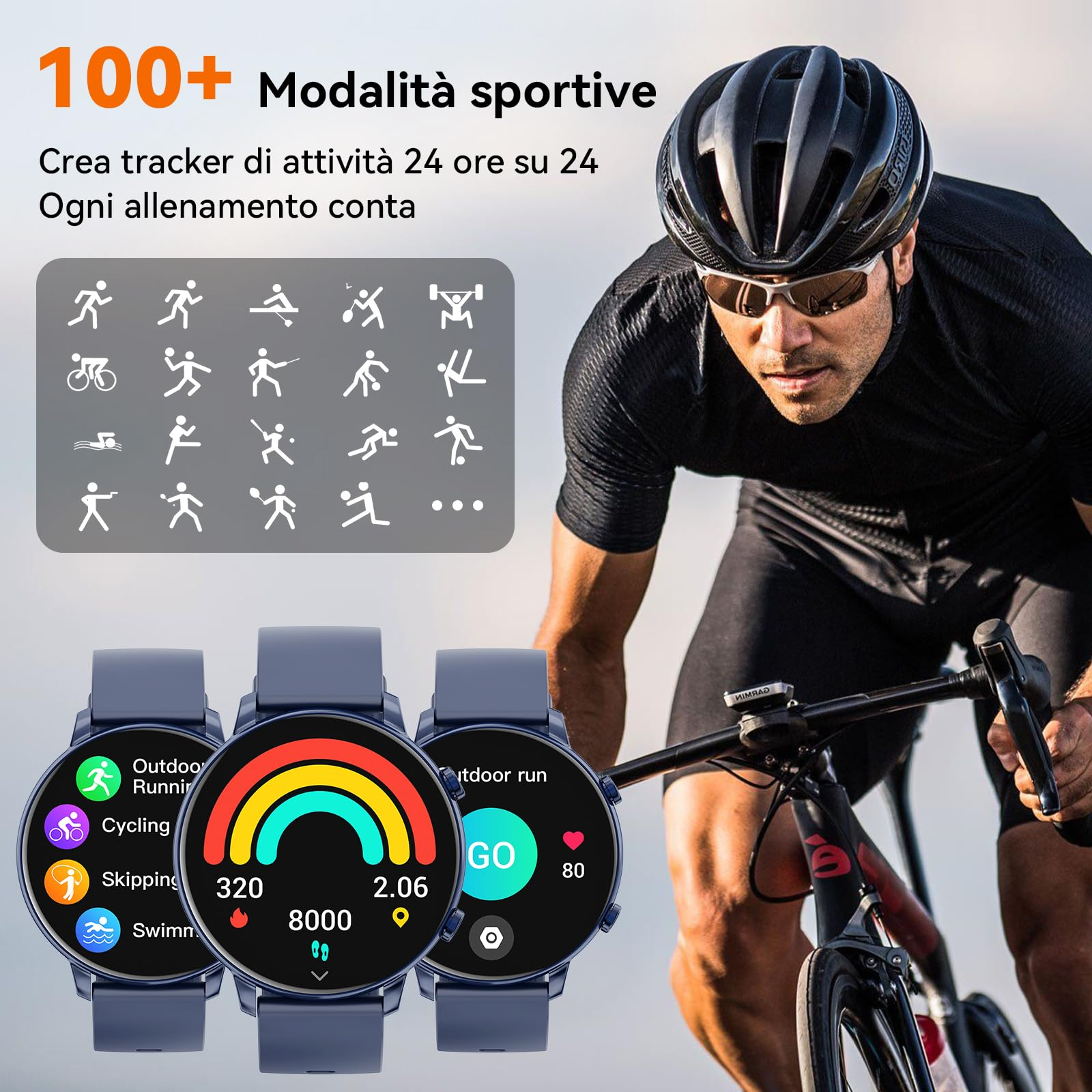 Mann auf einem Fahrrad mit Smartwatch, die Trainingsdaten und Aktivitätssymbole anzeigt.