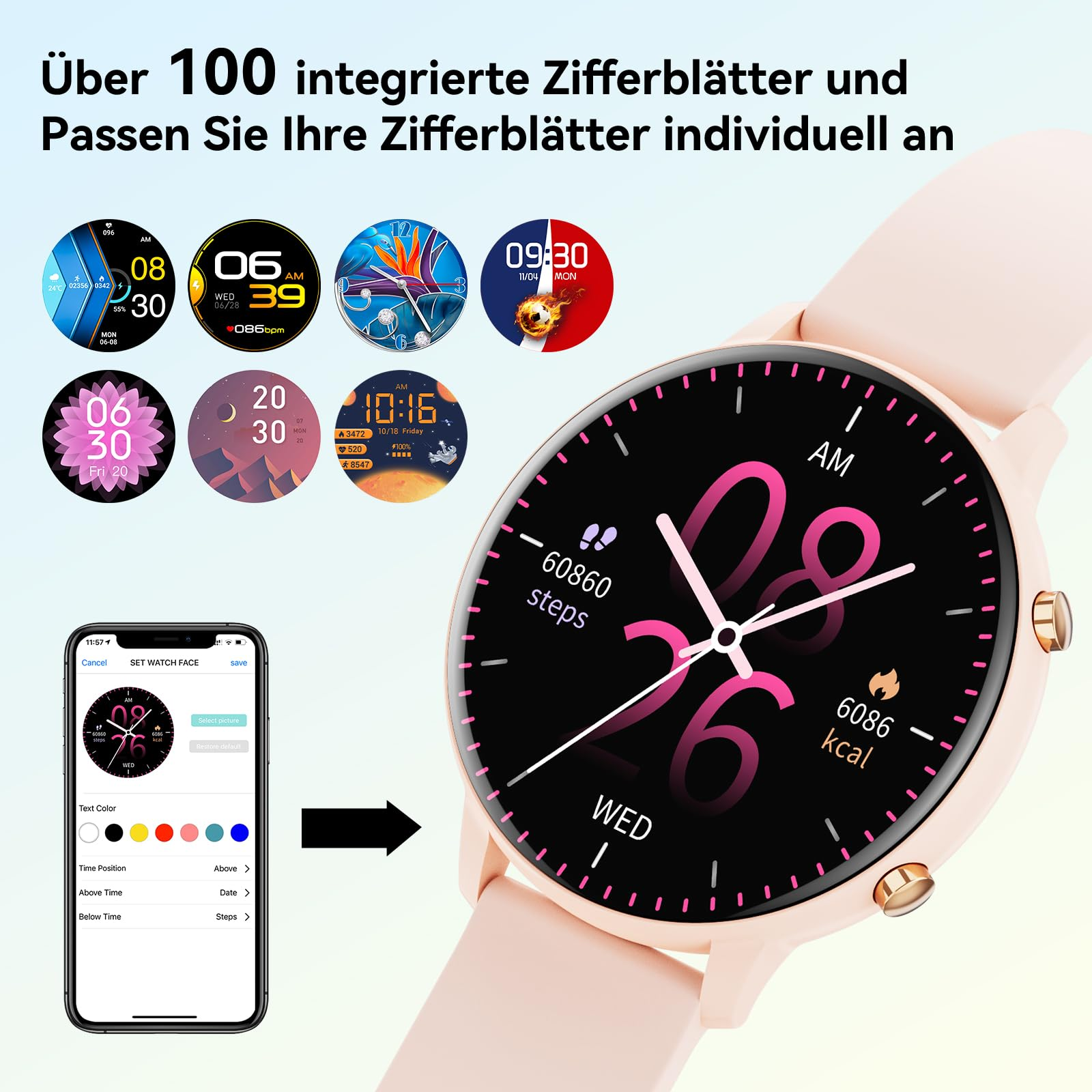 Eine rosa Smartwatch mit verschiedenen Zifferblättern und ein Smartphone mit Farboptionen.