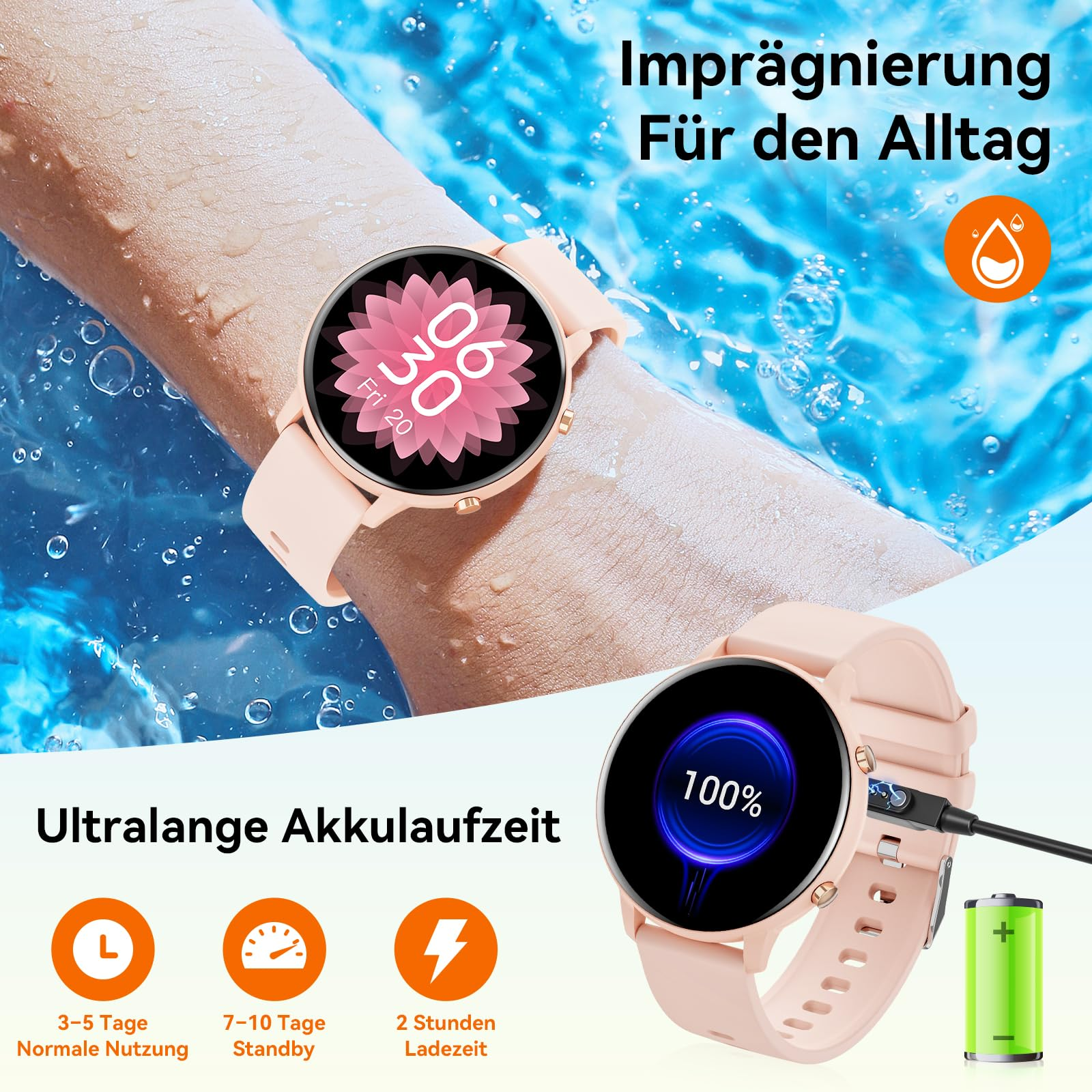 Eine Smartwatch mit rosa Armband zeigt Uhrzeit und Datum an. Eine Nahaufnahme zeigt das Aufladen des Akkus.