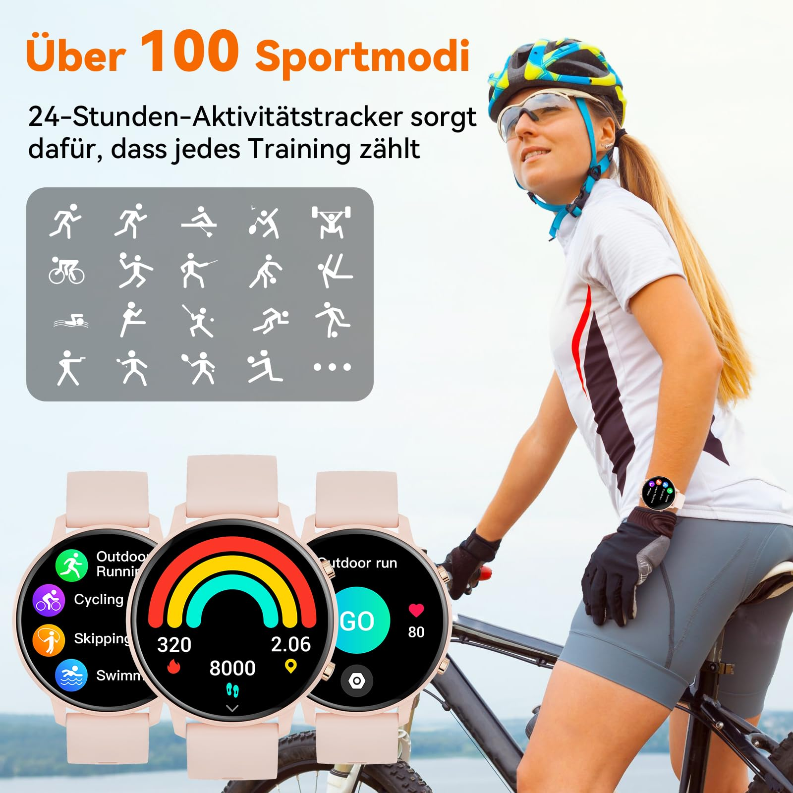 Eine Frau in Sportkleidung, die eine Smartwatch trägt und Rad fährt. Diagramme und Daten sind auf dem Zifferblatt.