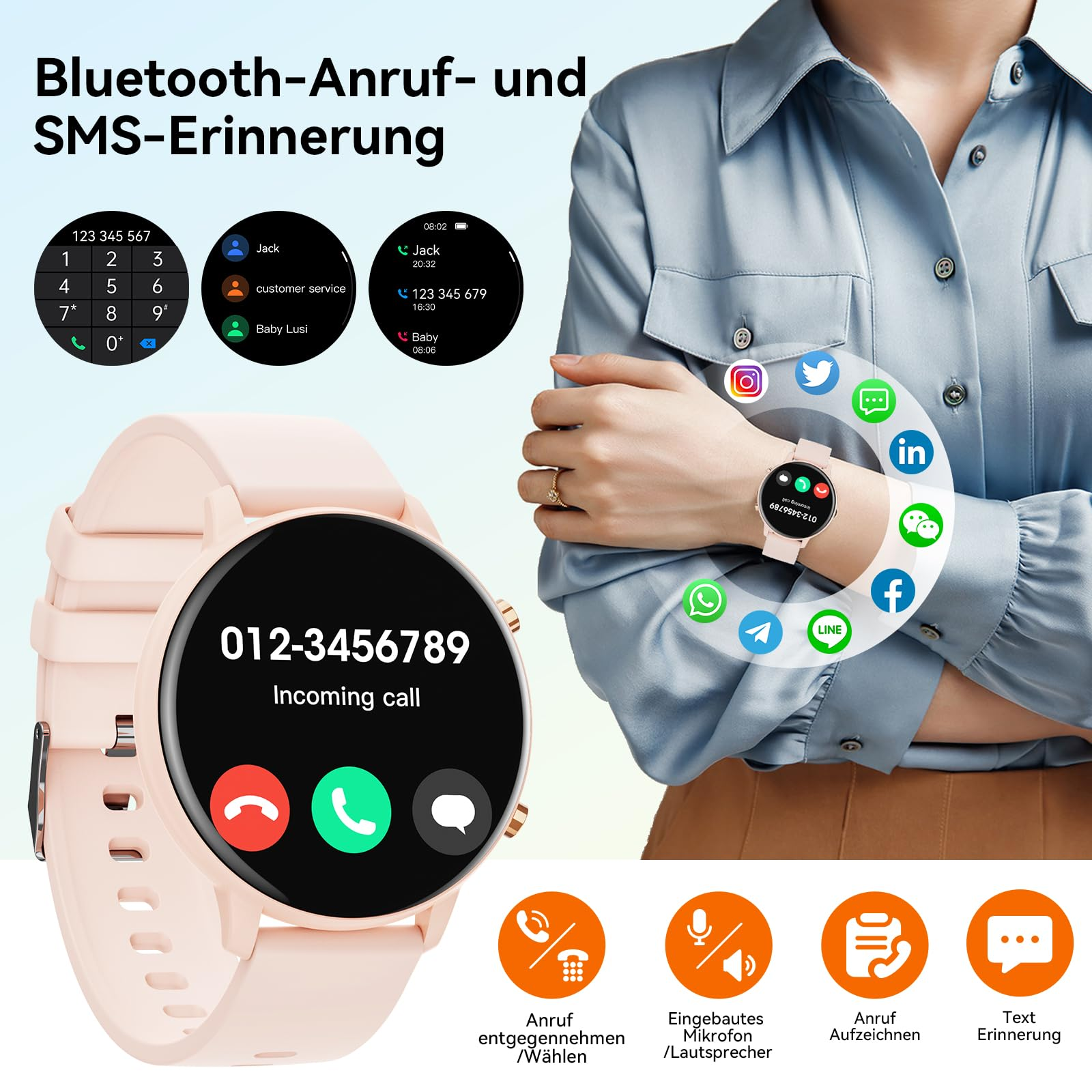 Smartwatch zeigt eingehenden Anruf. App-Symbole und Telefonnummern werden angezeigt.
