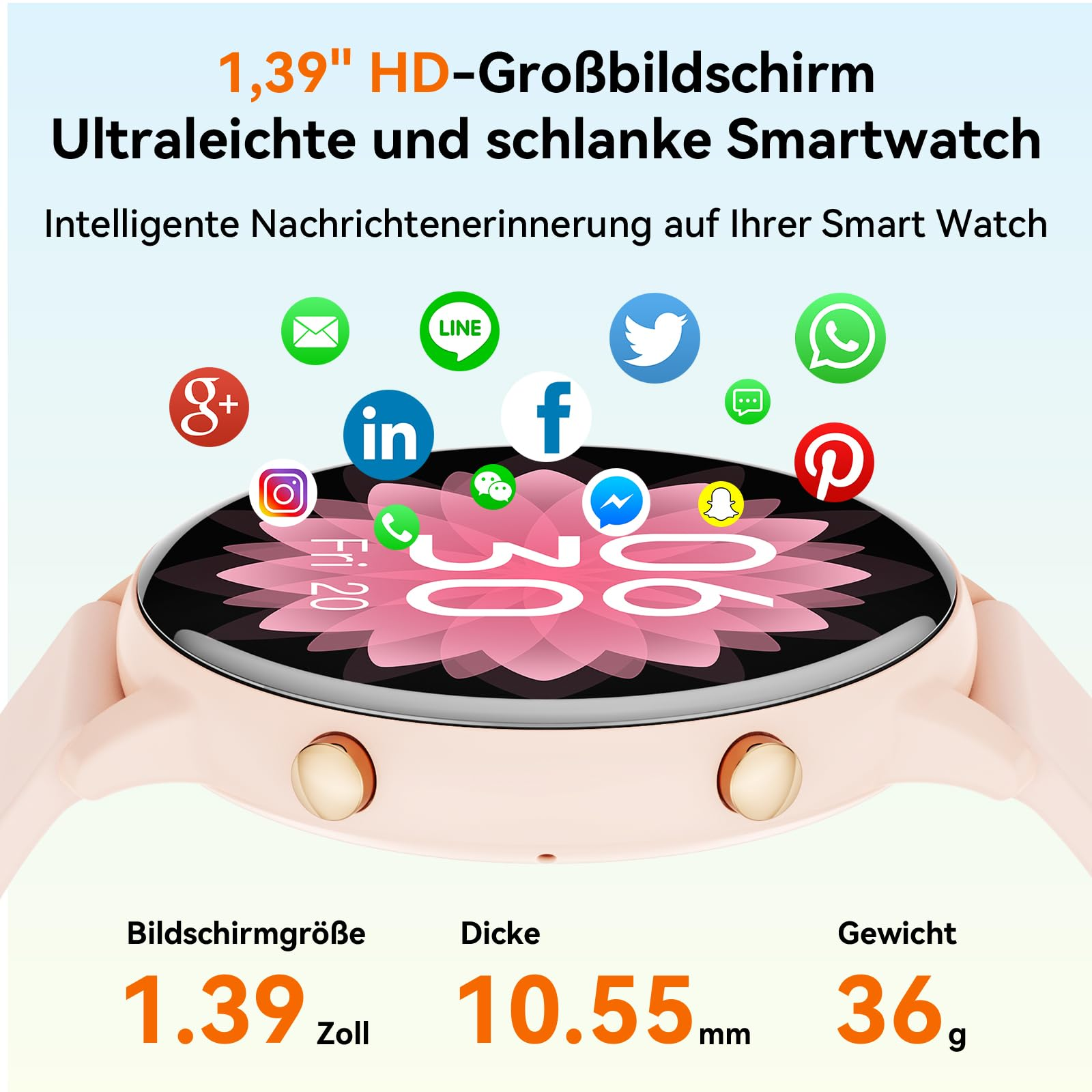 Rosa Smartwatch mit rundem Bildschirm. Text: 1,39" HD-Bildschirm.