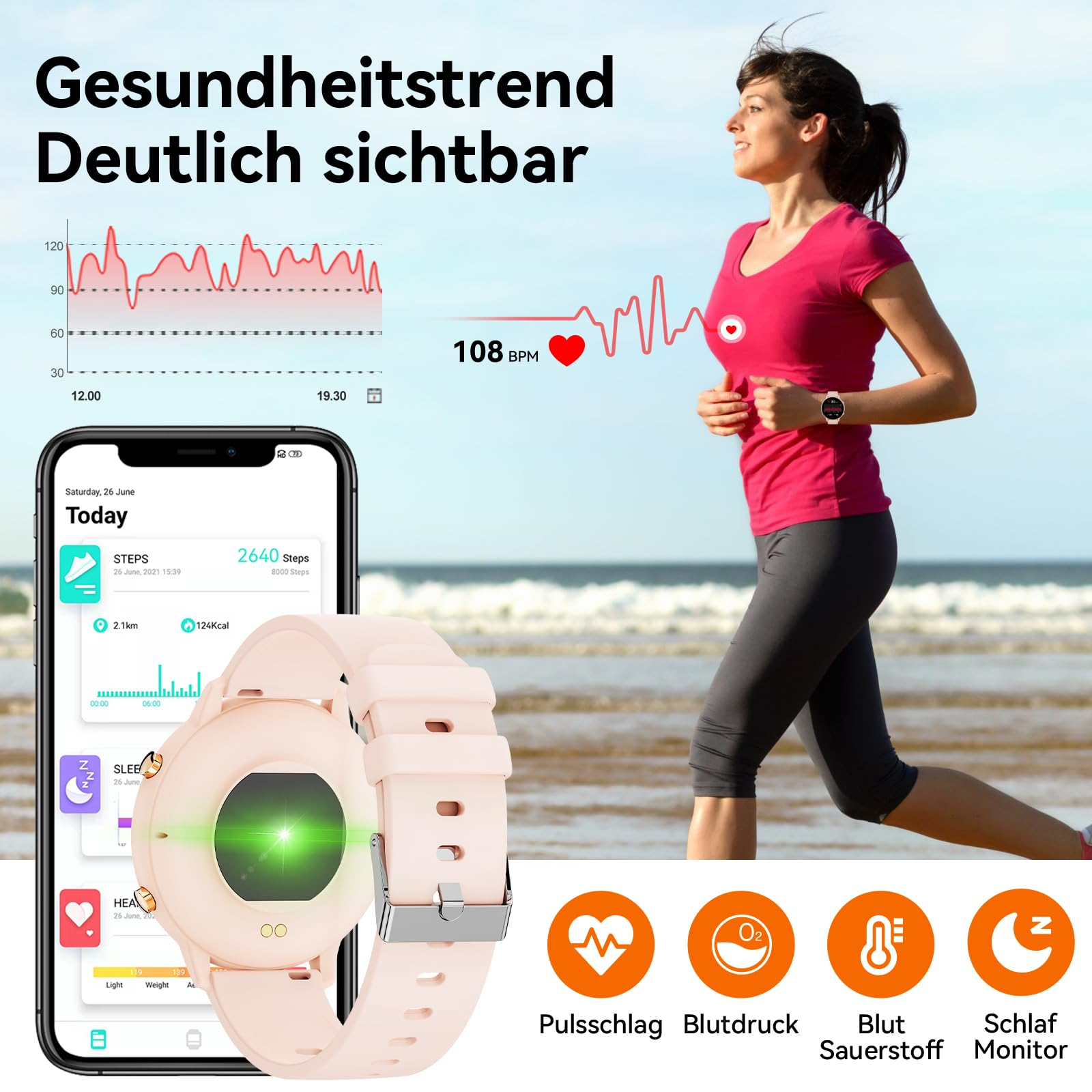 Joggerin mit Smartwatch, die Herzfrequenz und Gesundheitsdaten anzeigt, mit zugehörigen Symbolen.