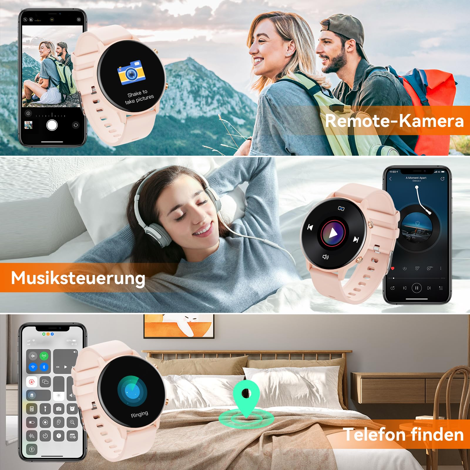 Mehrere Bilder, die eine Smartwatch zeigen, die verschiedene Funktionen und Merkmale anzeigt.