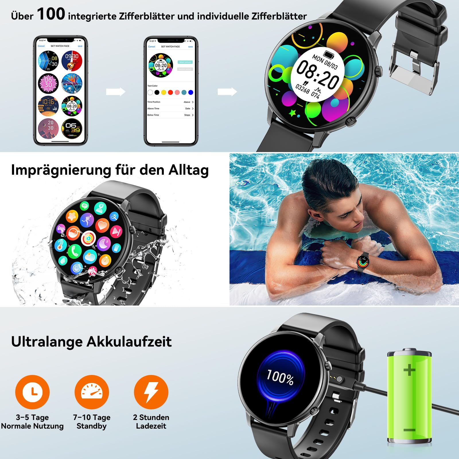 Smartwatch mit schwarzem Armband und farbenfrohem Display. Zeigt das Aufladen und die Akkulaufzeit.