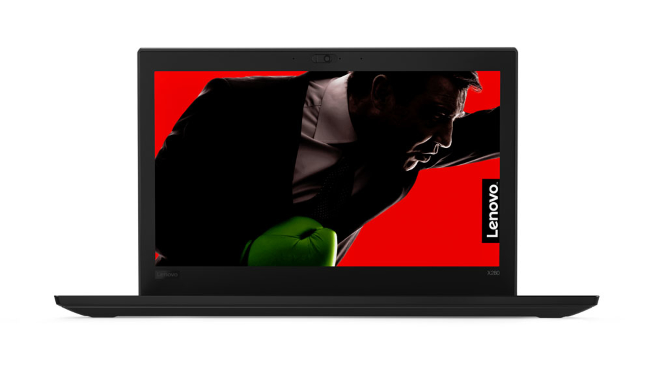 Schwarzer Laptop mit Boxkampf-Bildschirm. Lenovo-Logo in Rot.