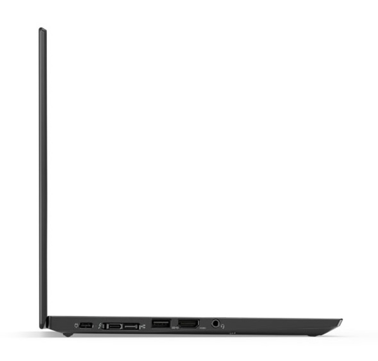 Seitenansicht eines schwarzen Laptops auf weißem Hintergrund. Der Laptop ist geschlossen und zeigt das Seitenprofil.