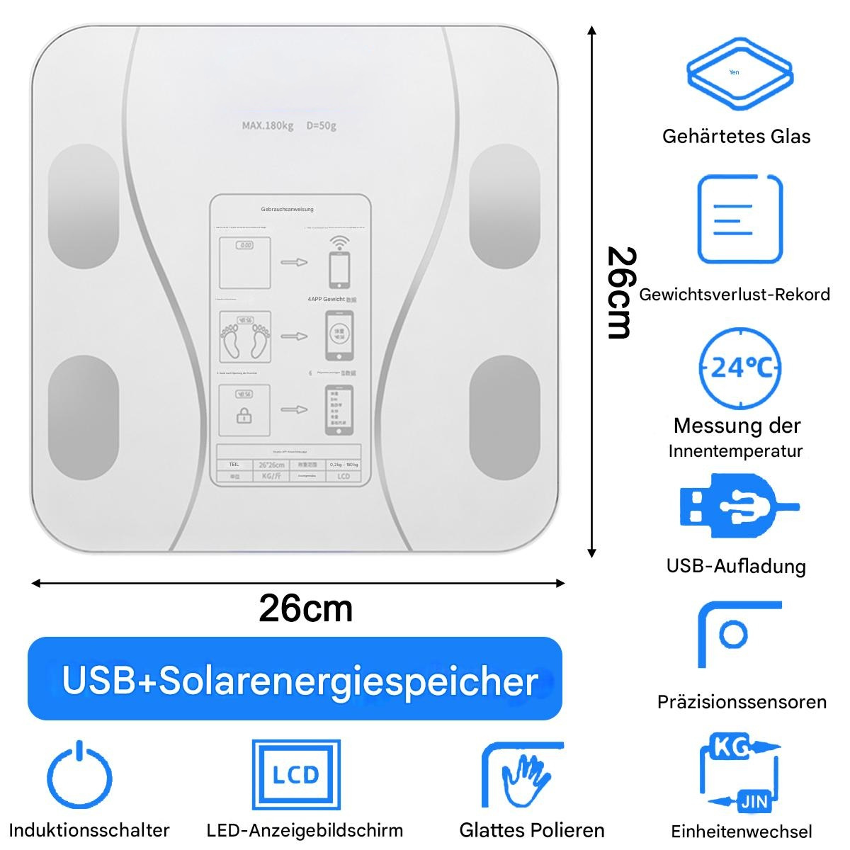 Weiße digitale Badezimmerwaage mit LCD-Bildschirm und Messdetails.