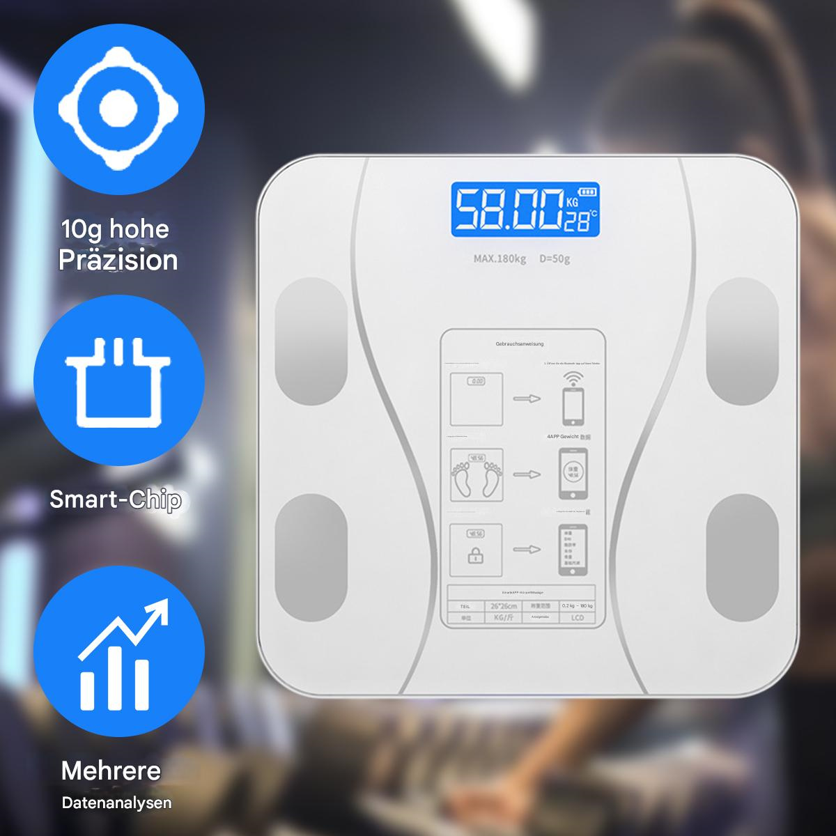 Weiße Körperanalysewaage mit digitaler Anzeige und verschiedenen Daten-Icons.