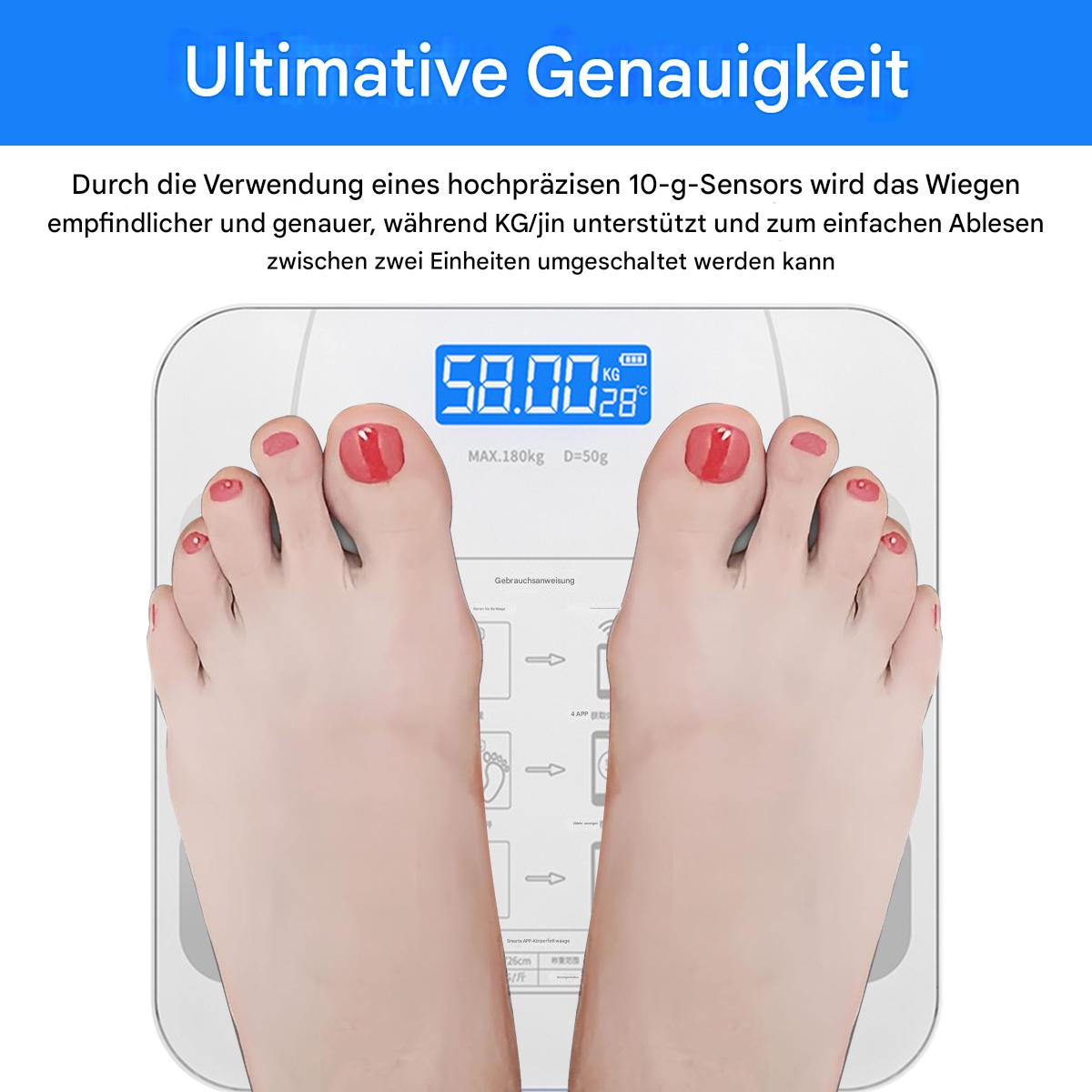 Füße einer Person auf einer Digitalwaage, die das Gewicht in KG anzeigt.