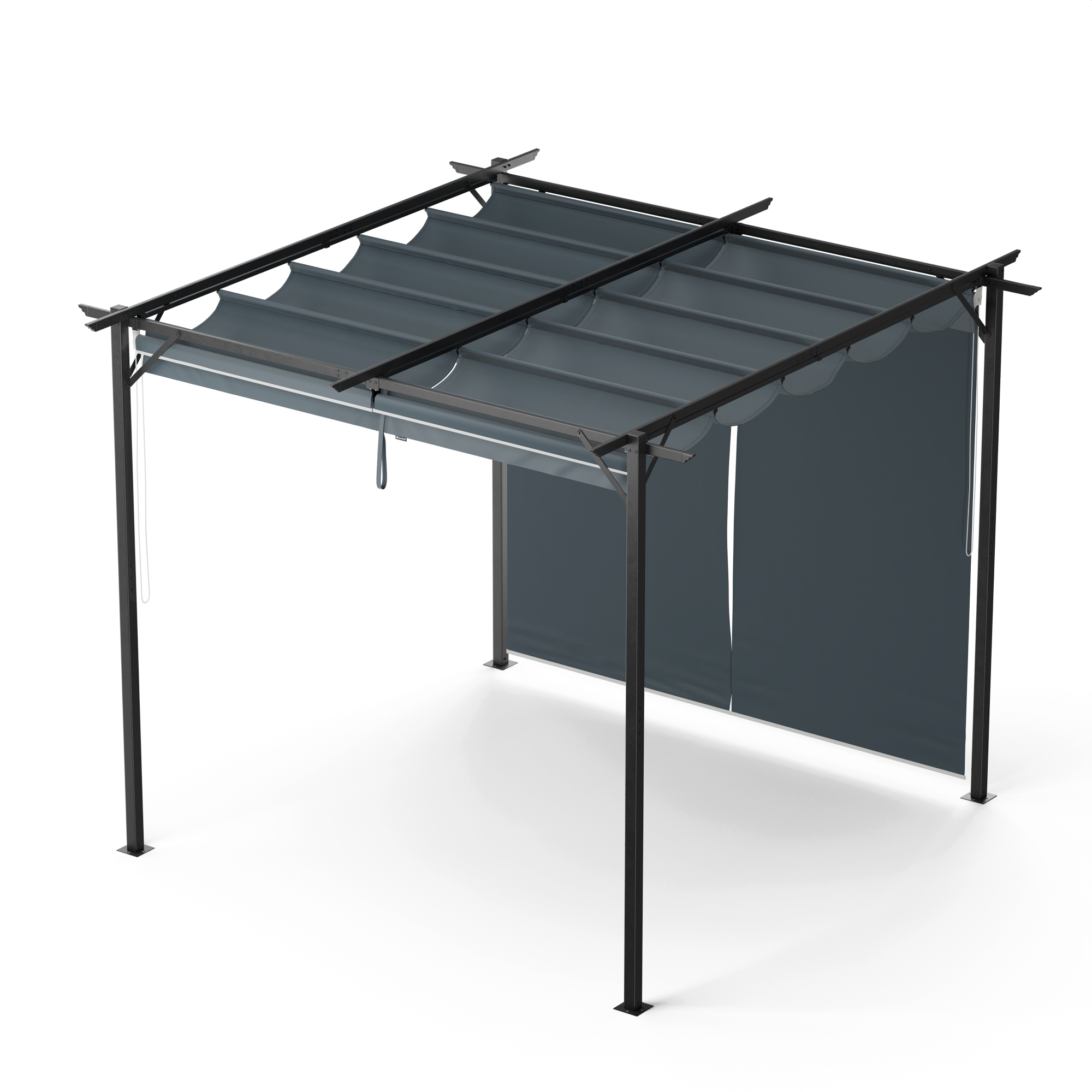 Pergola im Freien. Sie hat ein graues, einziehbares Vordach und dunkelgraue Pfosten.