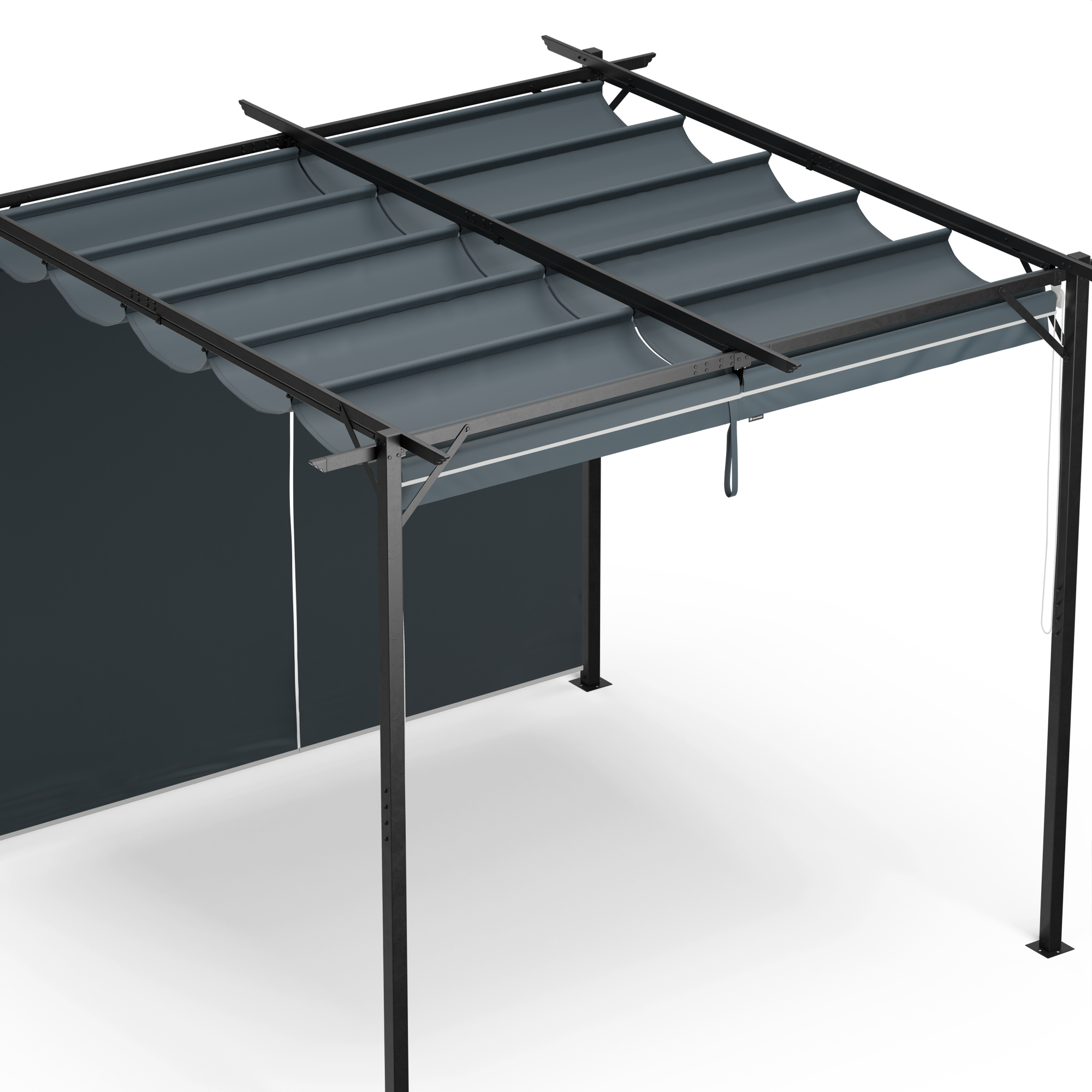 Graue Pergola mit einem einziehbaren Vordach, Seitenwänden und weißem Hintergrund.