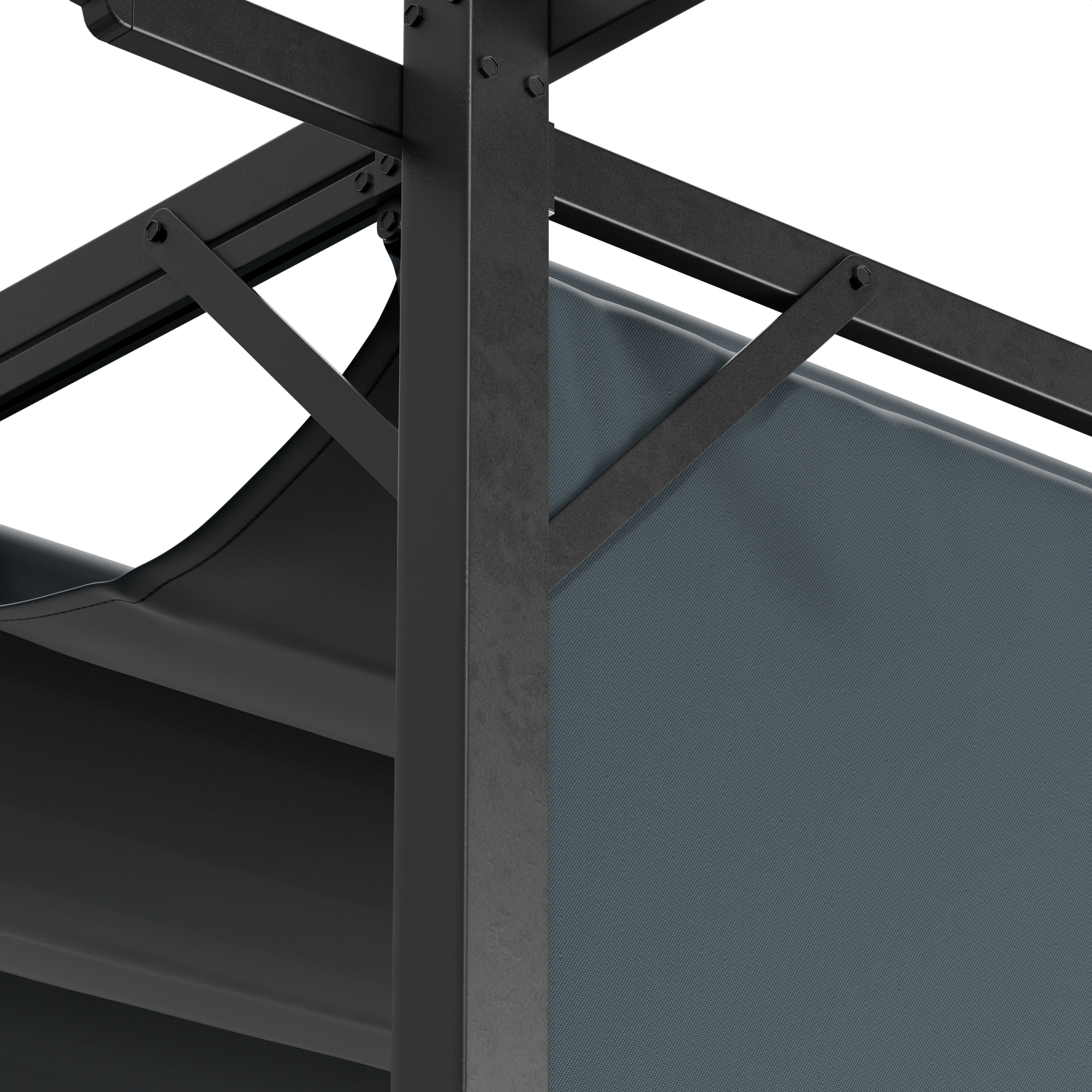 Ein schwarzer Metall-Pergola-Rahmen mit einem dunkelgrauen Stoffdach, Nahaufnahme auf weißem Hintergrund.