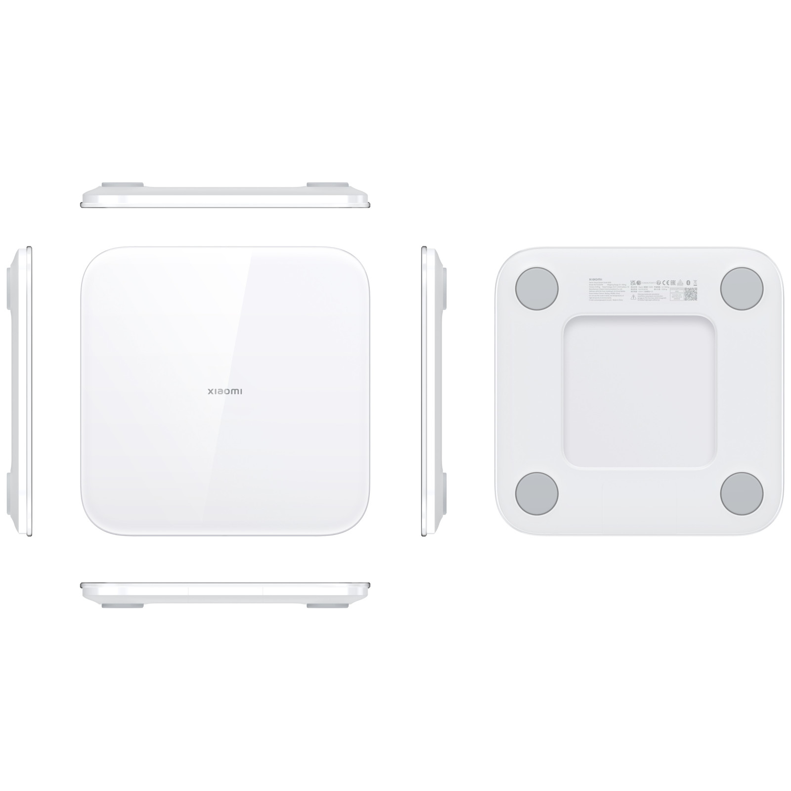 Biała waga jest pokazana pod wieloma kątami: widok z góry, z boku i od dołu. Jest na białym tle.