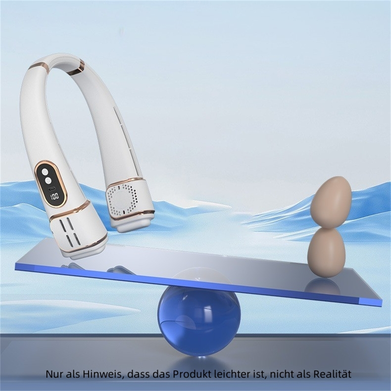 Ein weißer und goldener Nackenventilator balanciert auf einer blauen Kugel.