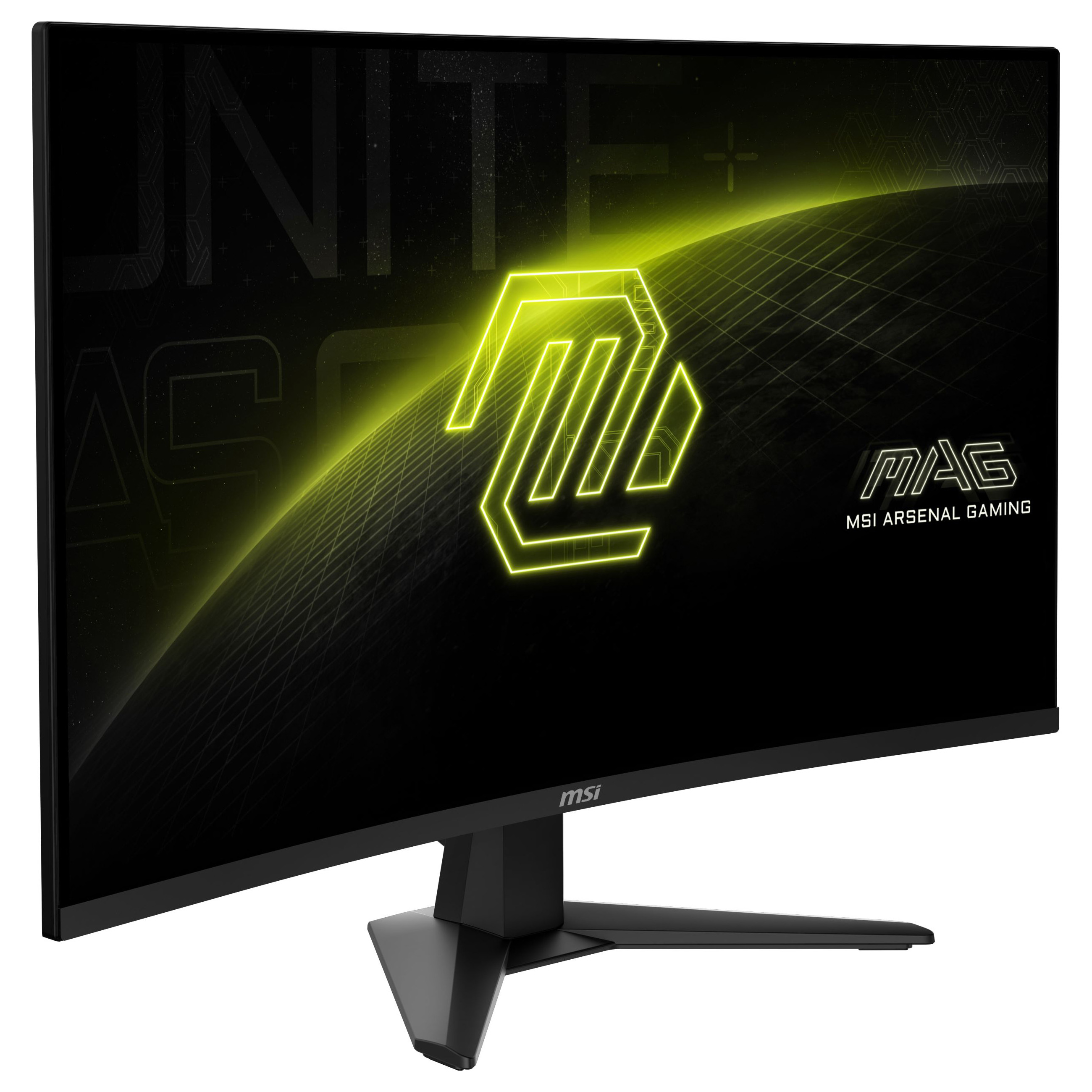 Gebogener MSI Gaming-Monitor mit hellem gelb-grünem Logo auf schwarzem Bildschirm.