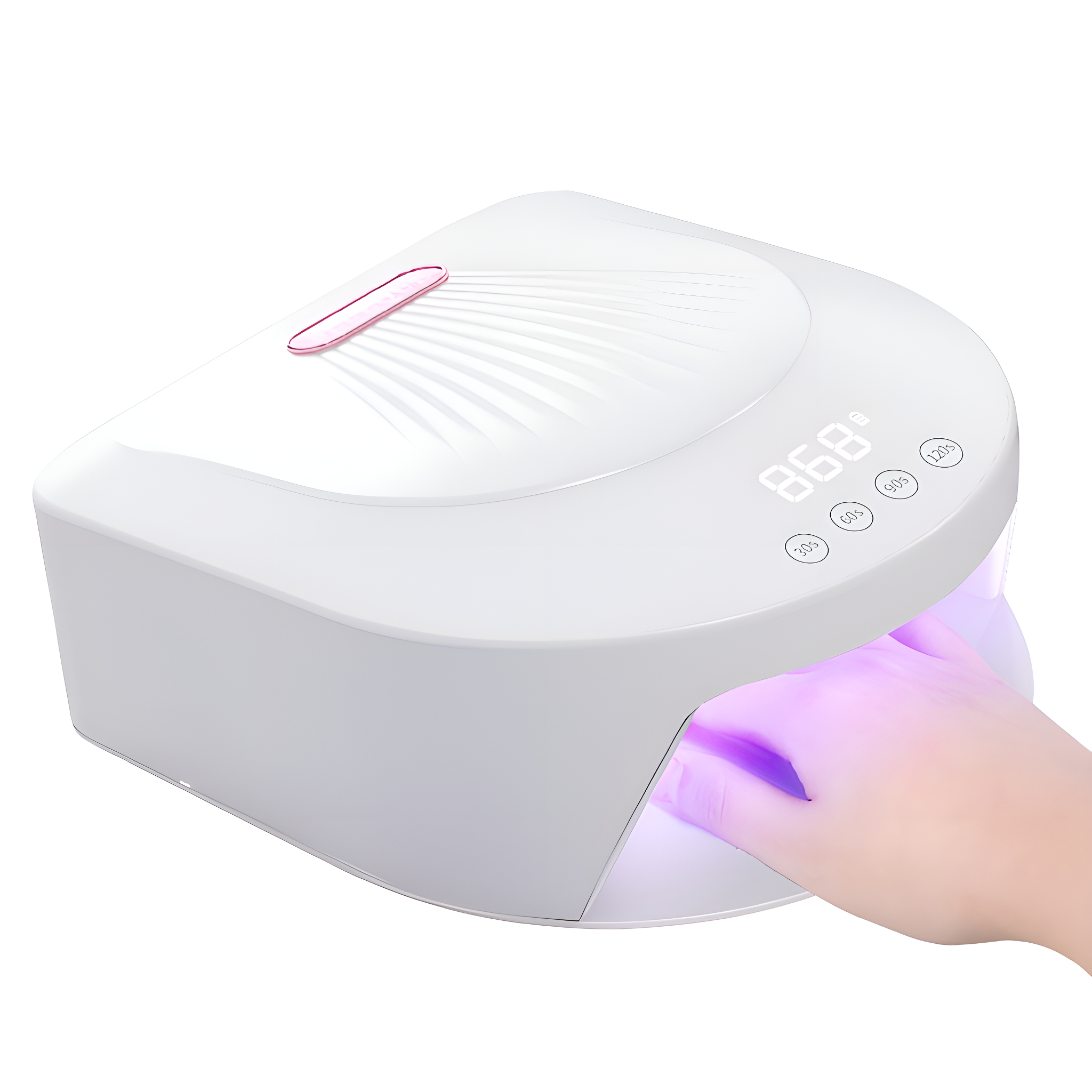 Weiße Nagellampe mit Hand darin, zeigt Licht und Anzeige.
