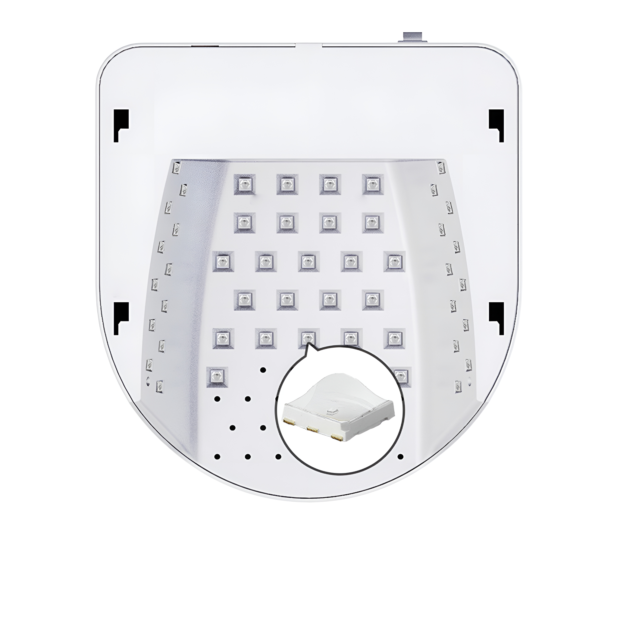 Ein weißes LED-Lichtpanel mit einzelnen LED-Leuchten und einer Nahaufnahme einer einzelnen LED.