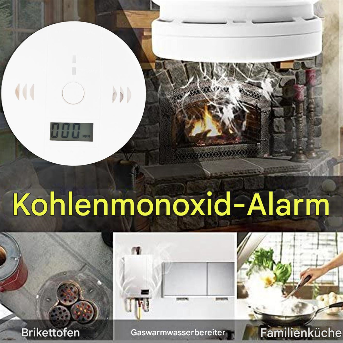 Ein Kohlenmonoxid-Alarm mit Bildern von Kamin, Gasboiler und Kochen.