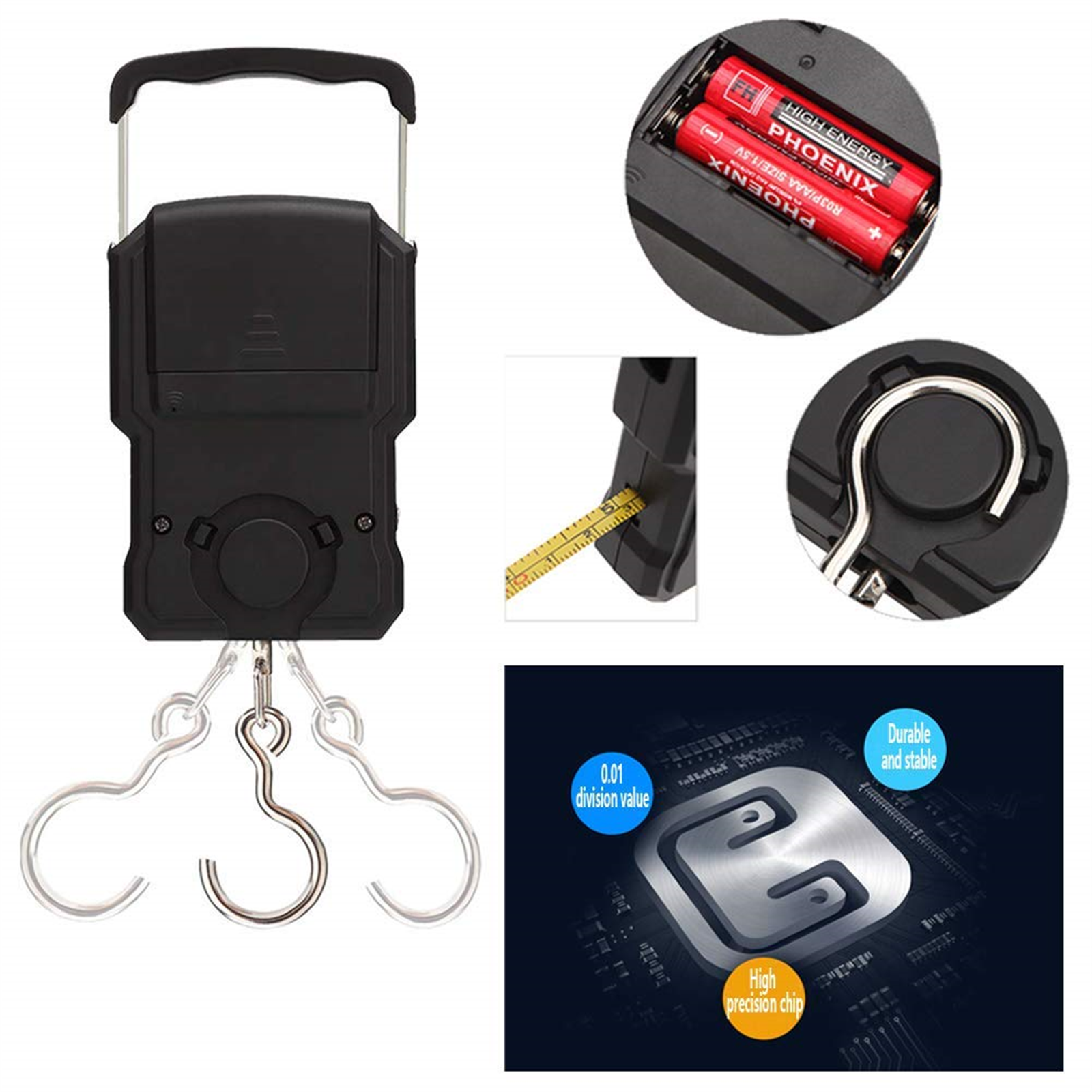 Schwarze digitale Hängewaage mit Haken, Batterien und Nahaufnahme eines Maßbands.