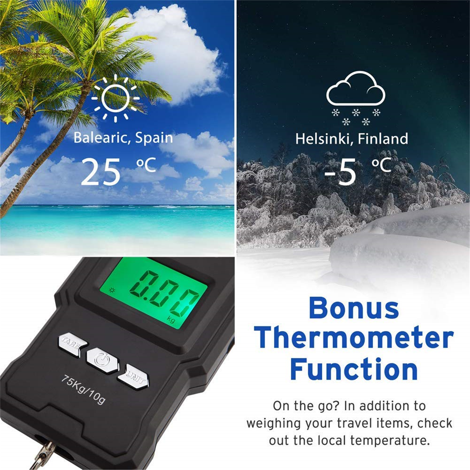 Eine Waage mit Thermometerfunktion. Bilder zeigen die Waage sowie einen tropischen Strand und einen verschneiten Berg.