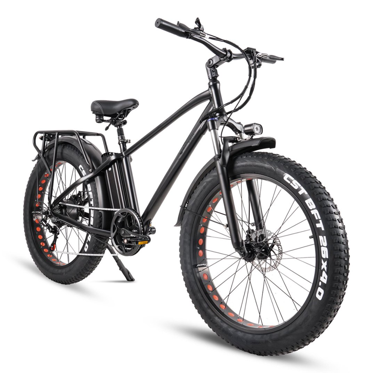 Czarny elektryczny rower typu fat tire na białym tle.
