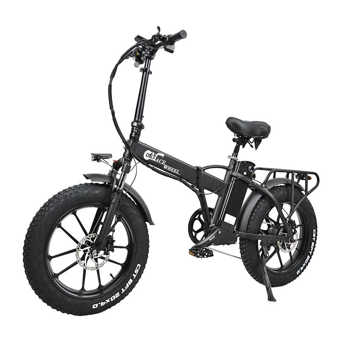 Czarny składany rower elektryczny z dużymi oponami, tylnym bagażnikiem i czarno-srebrną kolorystyką.