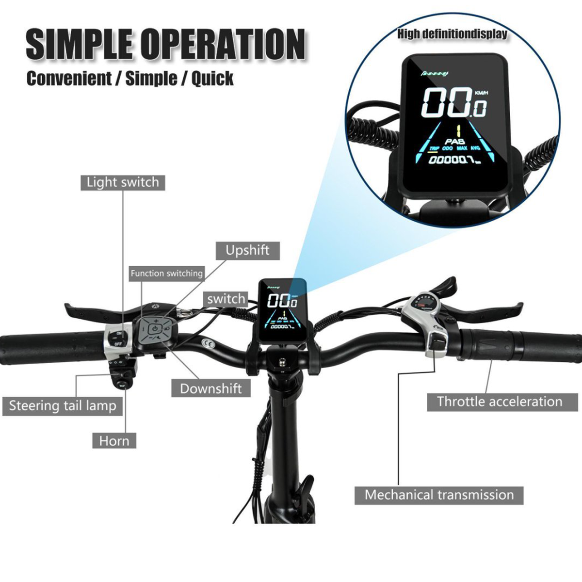 Czarna kierownica skutera z oznaczonymi elementami sterowania: przełącznik światła, klakson, przyspieszenie i wyświetlacz.