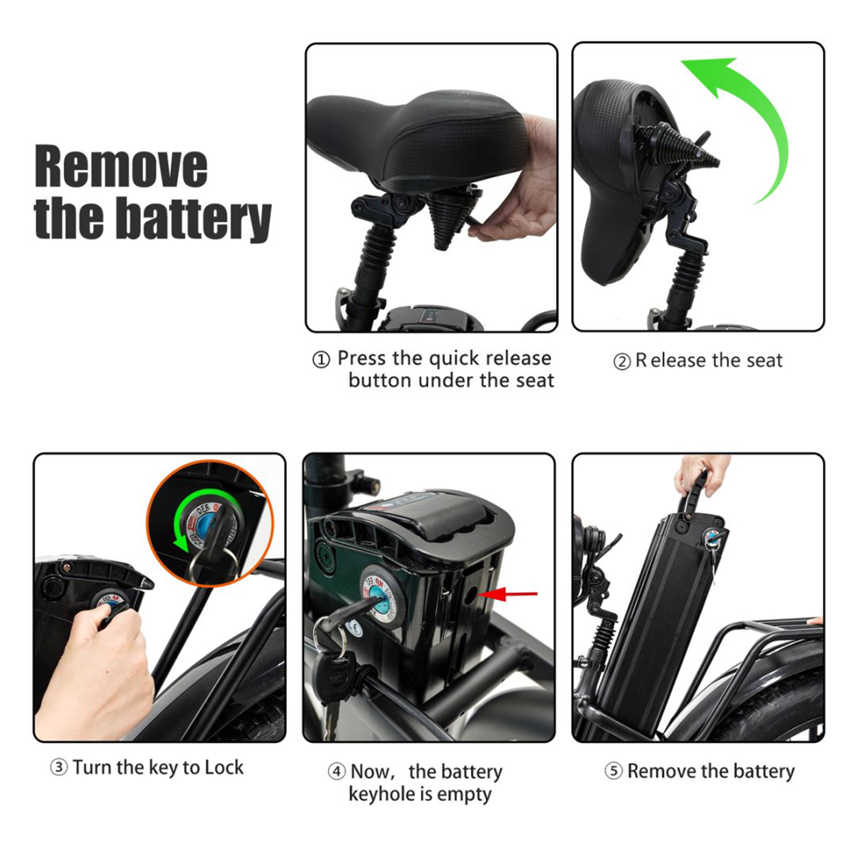 Instrukcja krok po kroku usuwania baterii roweru elektrycznego, ze szczegółami klucza i siedzenia.