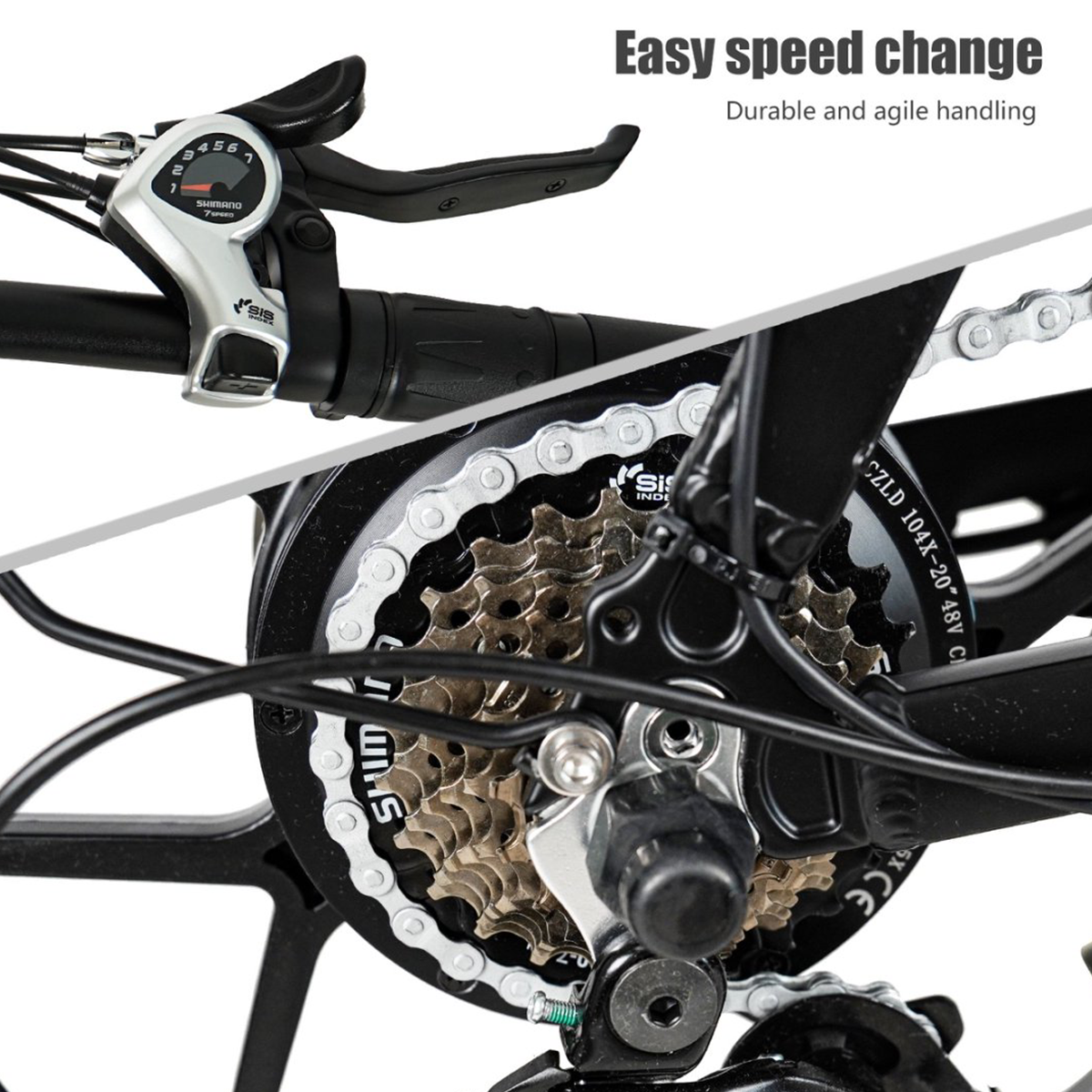 Zbliżenie na przerzutki rowerowe. Marka Shimano. Mechanizm regulacji prędkości.