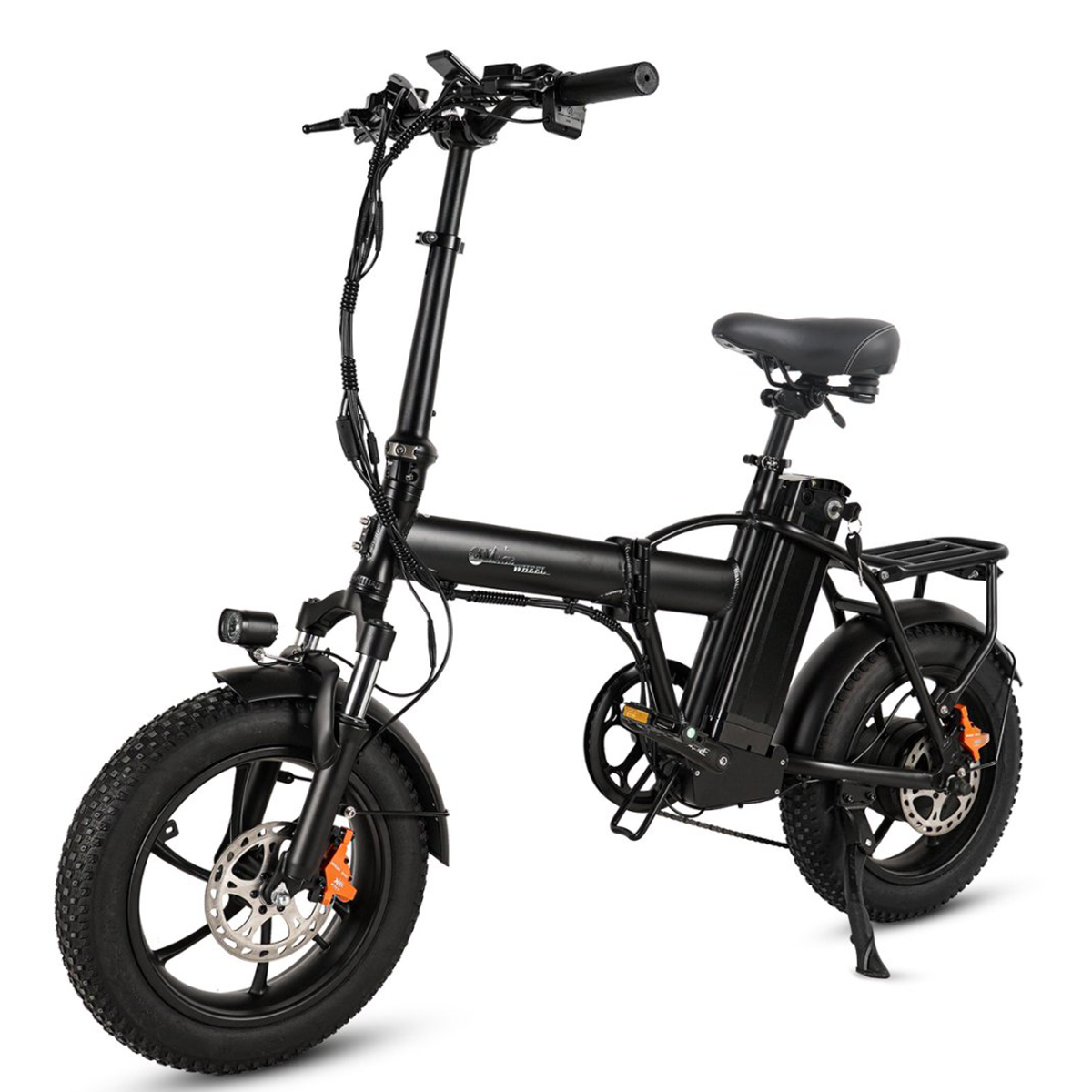 Czarny rower elektryczny z grubymi oponami. Posiada akumulator, silnik i różne komponenty.