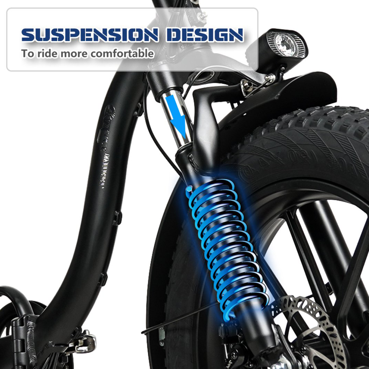 Zbliżenie przedniego zawieszenia roweru, z niebieską sprężyną w tle.