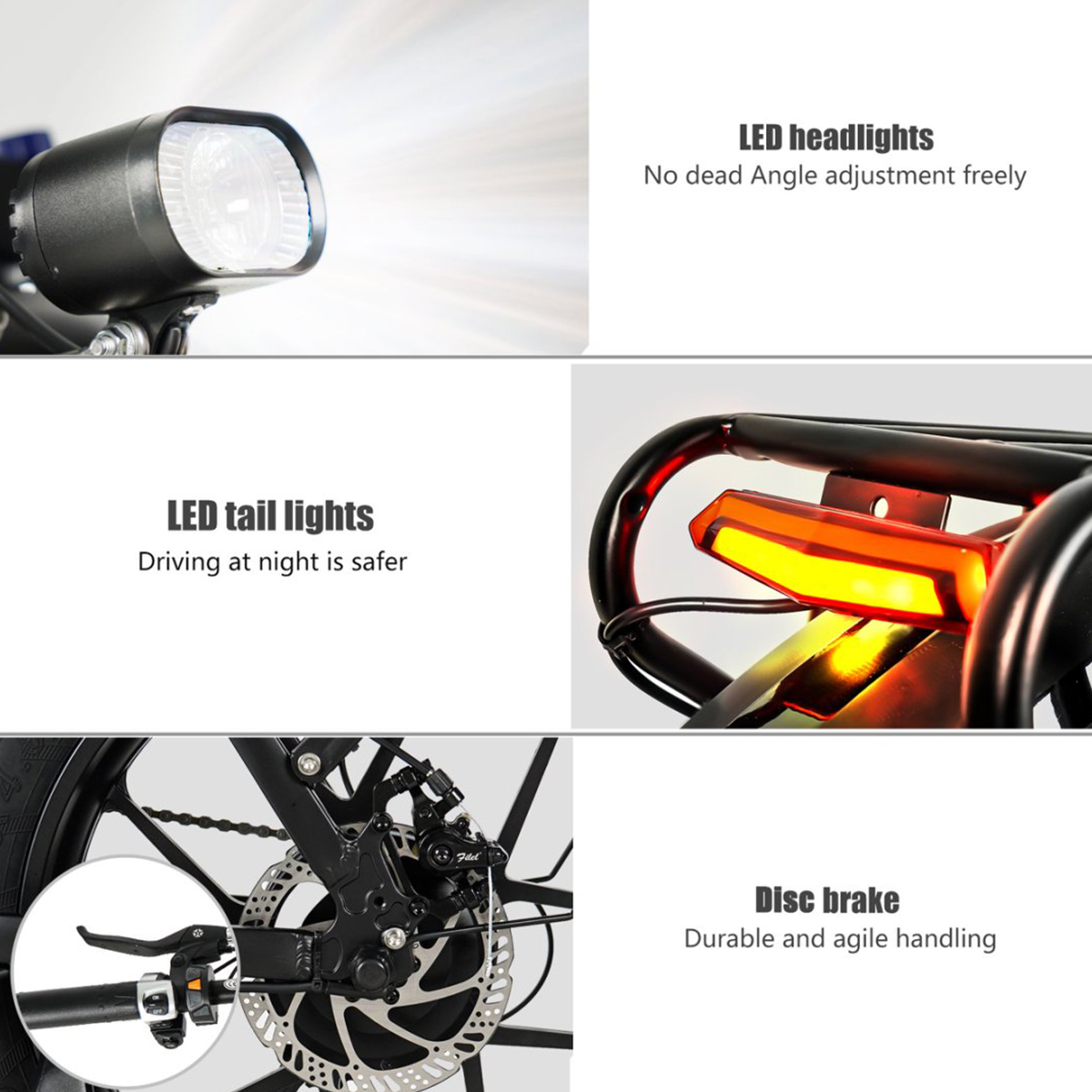 Części roweru, w tym reflektory LED, światła tylne i hamulce tarczowe.
