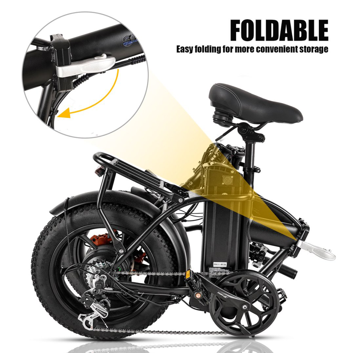 Czarny składany rower elektryczny. Pokazuje mechanizm składania i lokalizację baterii.