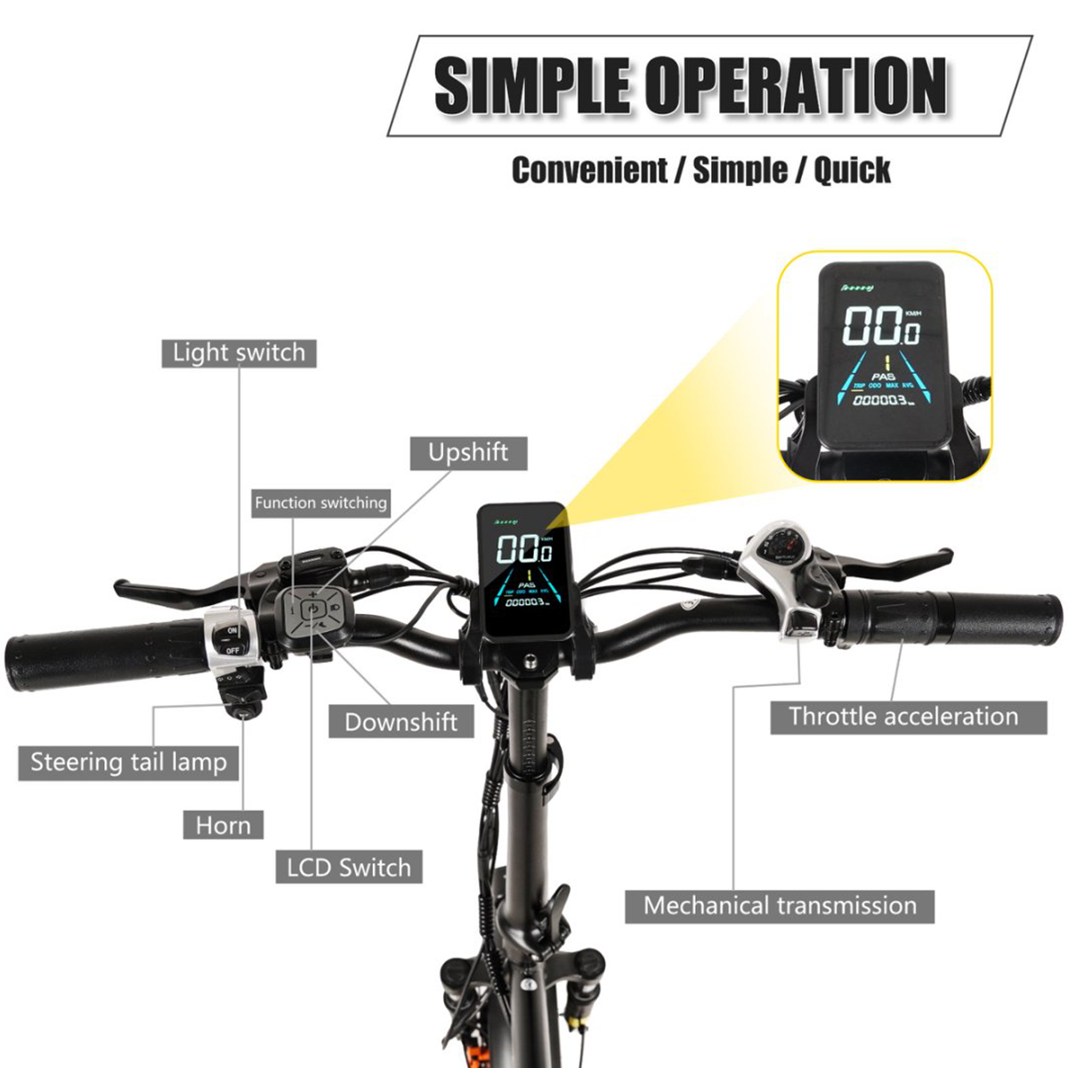 Kierownica roweru elektrycznego z wyświetlaczem prędkości. Przyciski: światło, zmiana biegów, gaz.